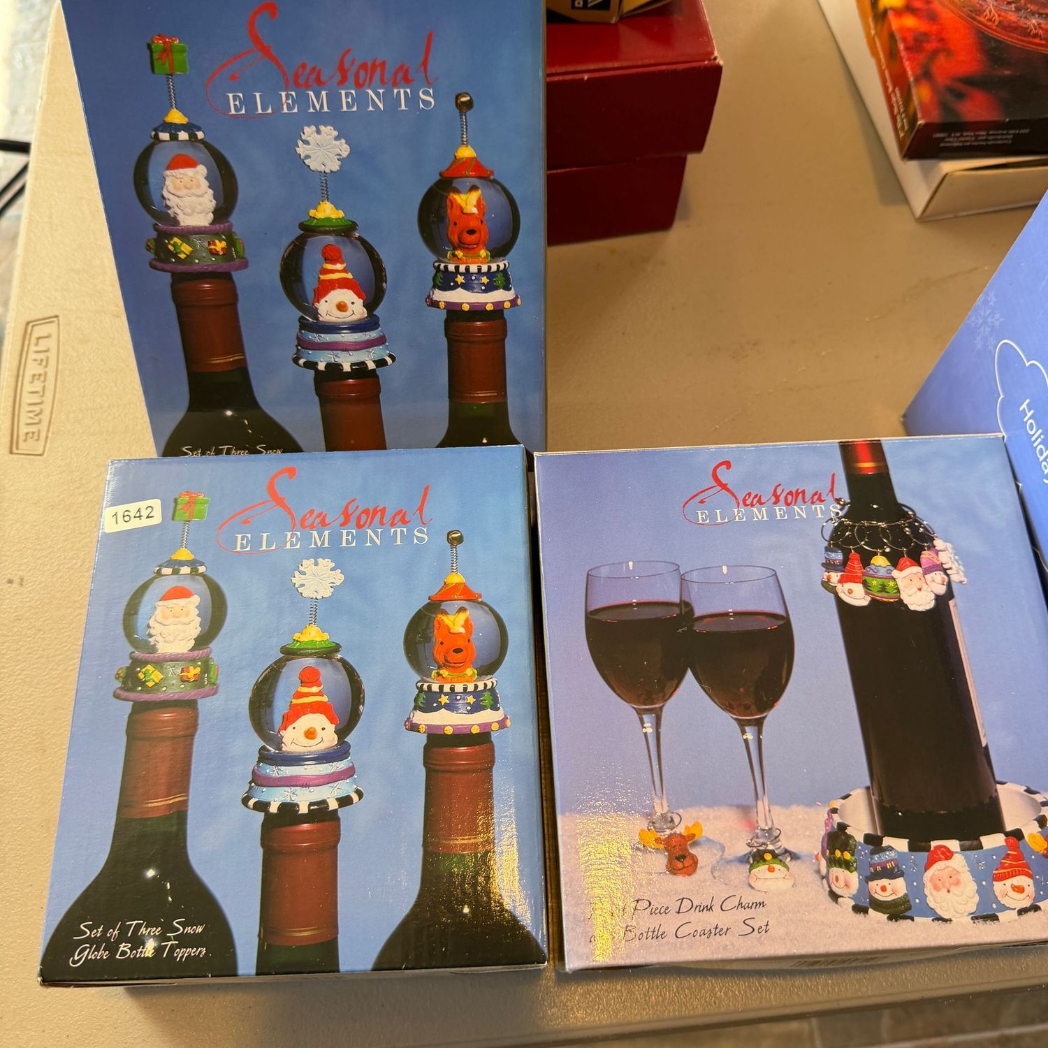 Seasonal Elements wine bottle stoppers (6 total), bottle coaster and stemware charms