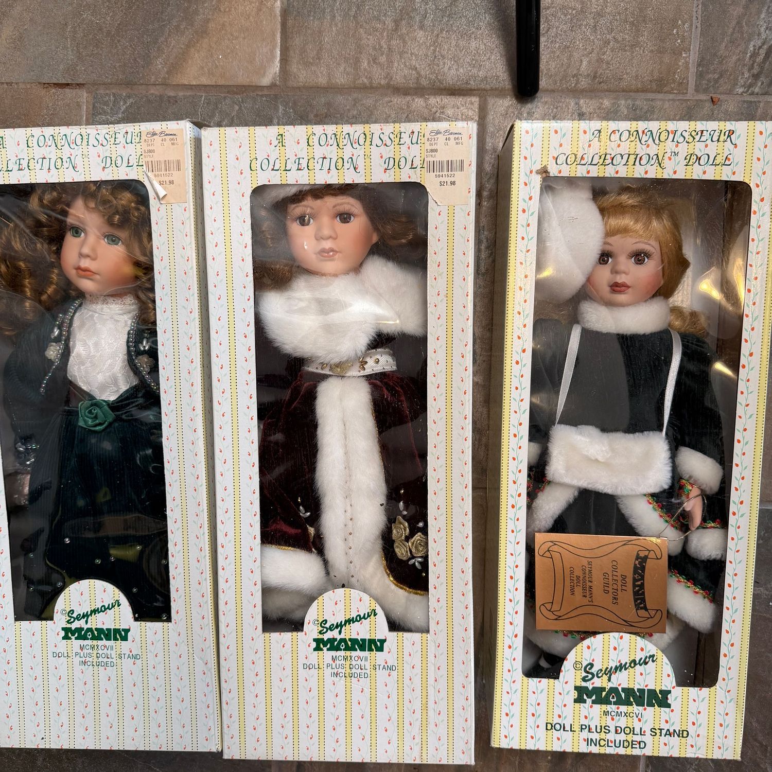 Three Seymour Mann porcelain dolls in box, includes stand, 15", S1651