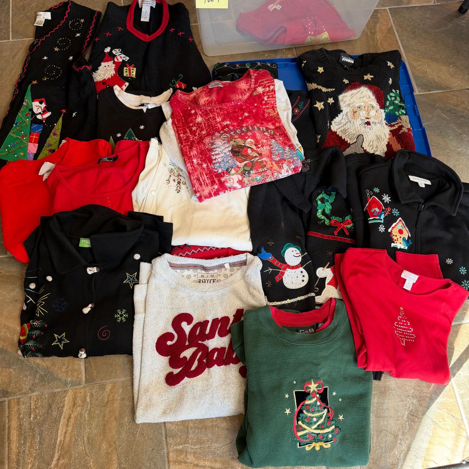 I Love Christmas Sweaters bin, roomy Med., most are size L, S1669