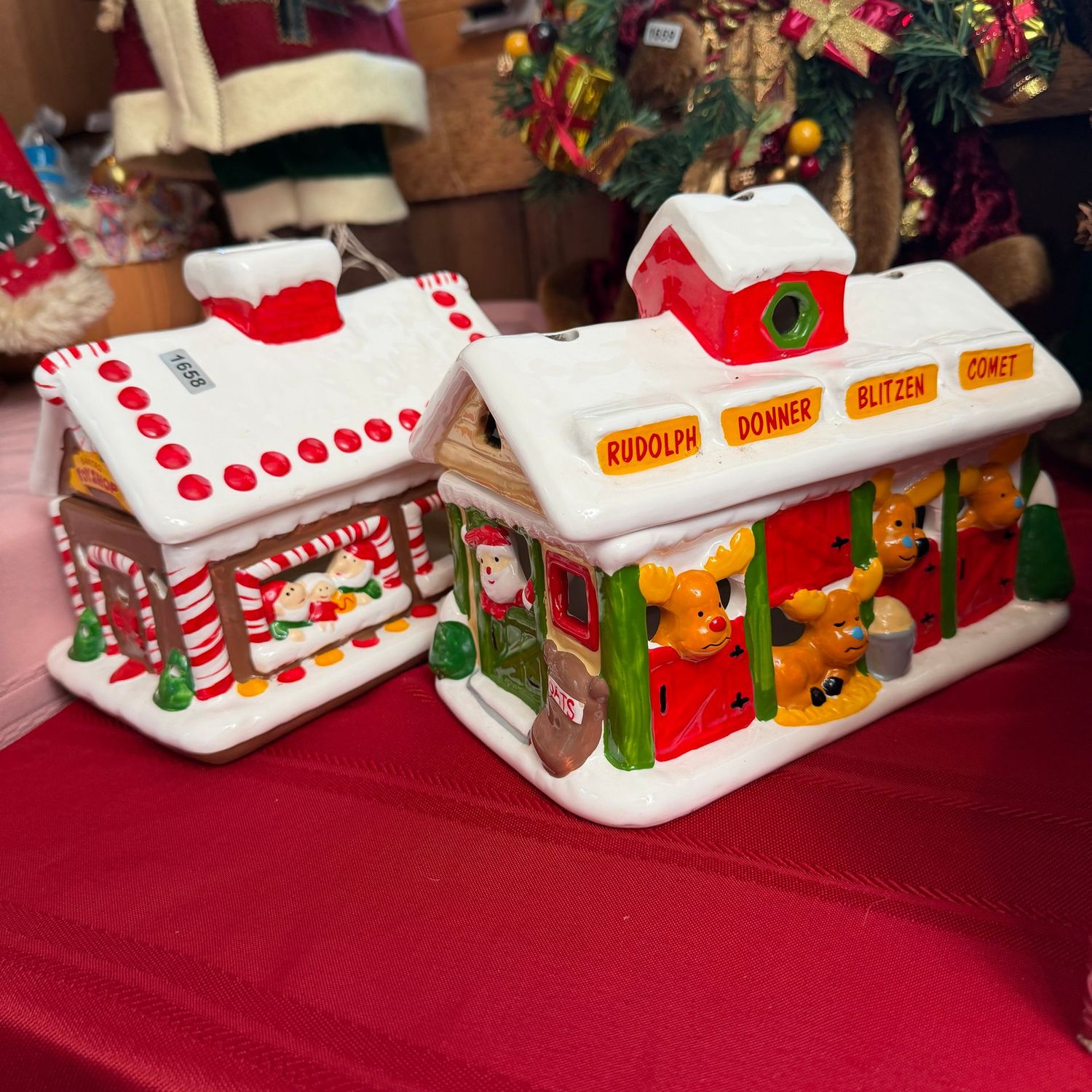 Ceramic Santa's Christmas village votive houses, 6 Ceramic Santa's Christmas village votive houses, 6"L, minor wear, S1658