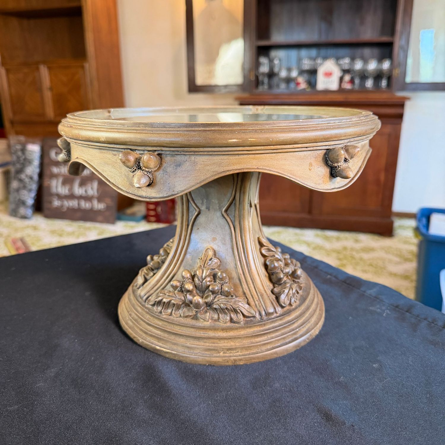 Heavy resin pedestal with acorn relief, frosted glass top, 7 Heavy resin pedestal with acorn relief, frosted glass top, 7"H x 10"W, S1686