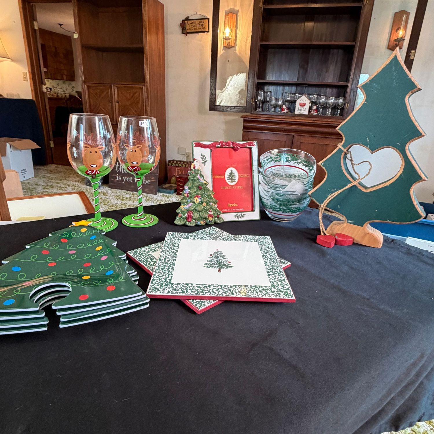 Christmas grouping with two wine glasses, plastic appetizer plates, tile trivets, frame, bowls, and wooden tree, S1690 Christmas grouping with two wine glasses, plastic appetizer plates, tile trivets, frame, bowls, and wooden tree, S1690