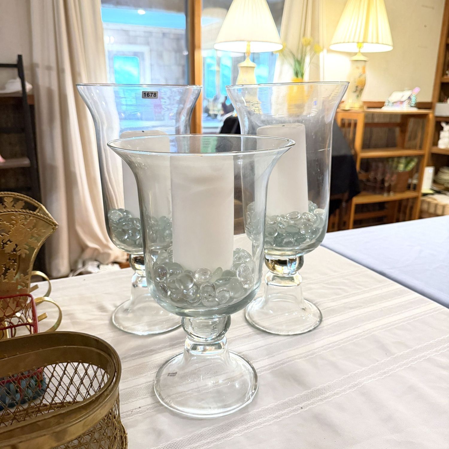 Trio of hand-made pedestal hurricane pillar candle holders, the tallest are 14 Trio of hand-made pedestal hurricane pillar candle holders, the tallest are 14", S1678
