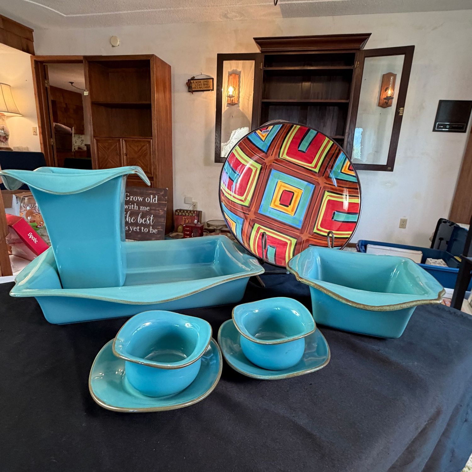 Southern Living at Home Tuscan Everyday Baker, teal stoneware set with colorful round bowl on stand, the casserole is 16 Southern Living at Home Tuscan Everyday Baker, teal stoneware set with colorful round bowl on stand, the casserole is 16"L, S1689