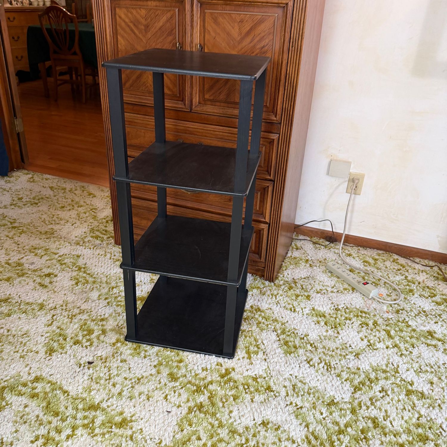 Black 4-tier laminate shelf, good condition, minor scratches, 36 Black 4-tier laminate shelf, good condition, minor scratches, 36"H x 15"W