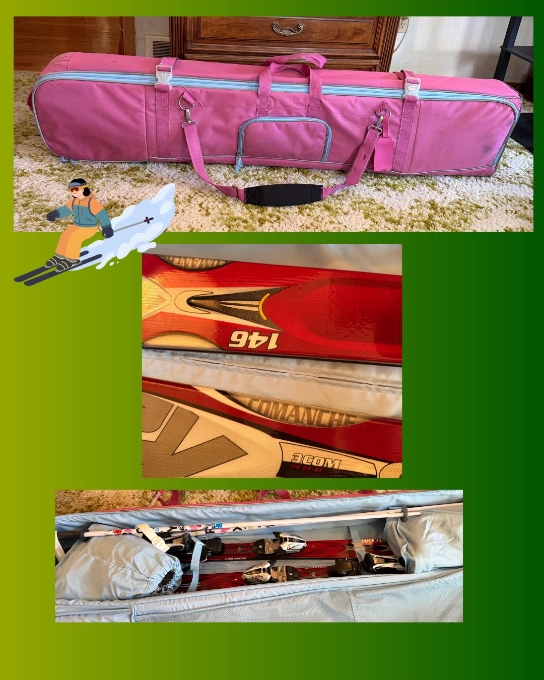 Pink Pottery Barn Kids ski bag, Hocus Pocus 48 Pink Pottery Barn Kids ski bag, Hocus Pocus 48" poles, Comanche 3 COM 146 cm, 11m Radius skis, appear in good condition, S1711
