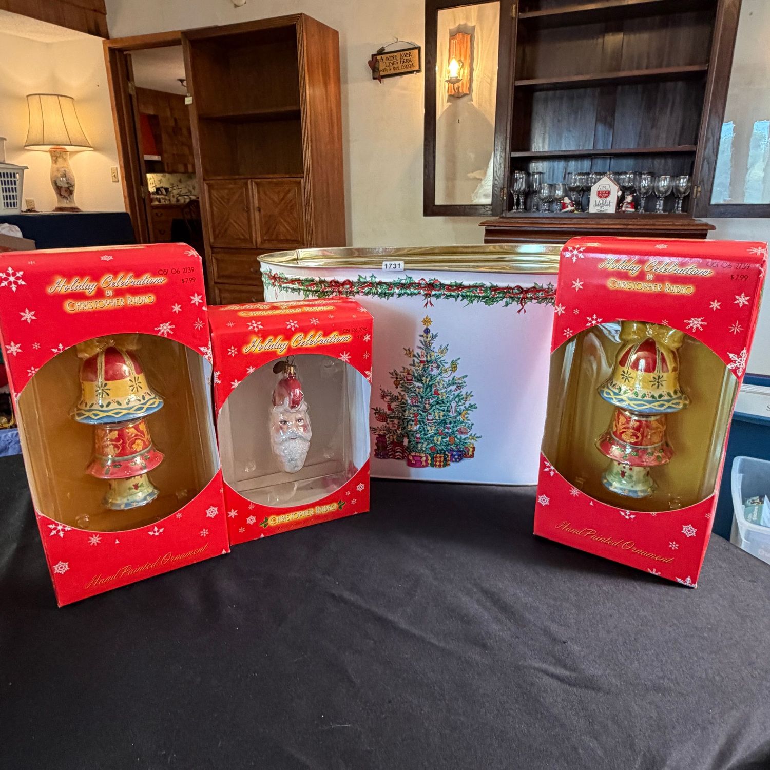 Holiday Celebrations oval metal bin 13 Holiday Celebrations oval metal bin 13"L, plus 3 ornaments in package, S1731