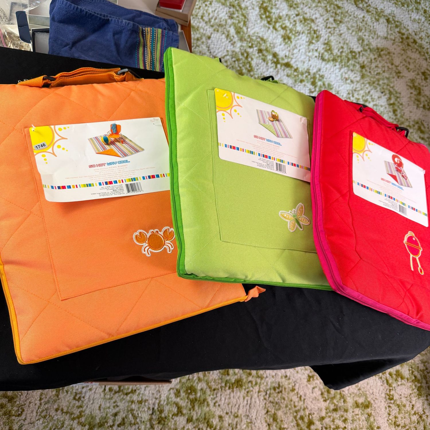 Three quilted travel blankets, great for the beach or those ice-cold football stands, with a carrying bag, 60 Three quilted travel blankets, great for the beach or those ice-cold football stands, with a carrying bag, 60" x 72"S1746