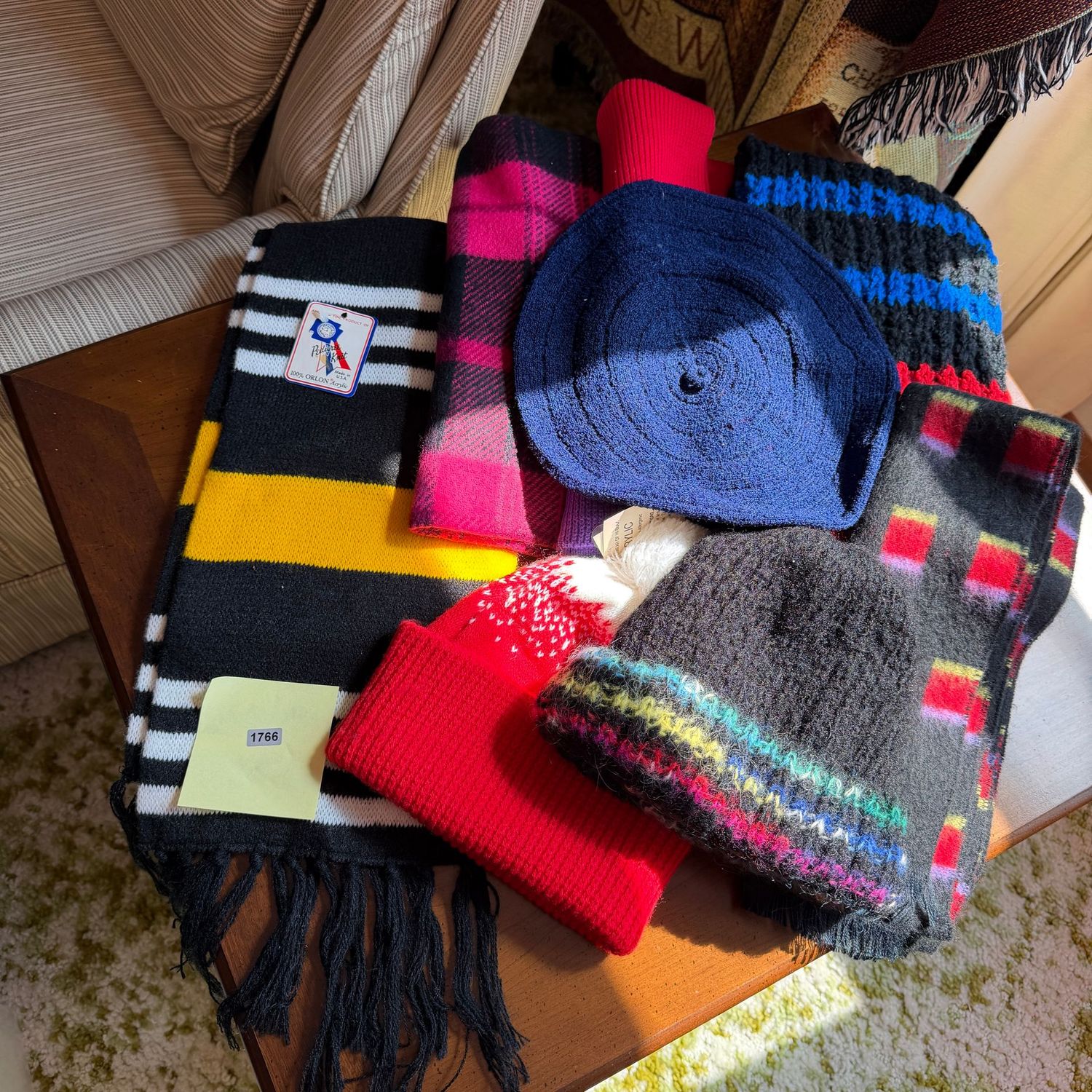 Group of brightly-colored scarves and hats, S1766 Group of brightly-colored scarves and hats, S1766