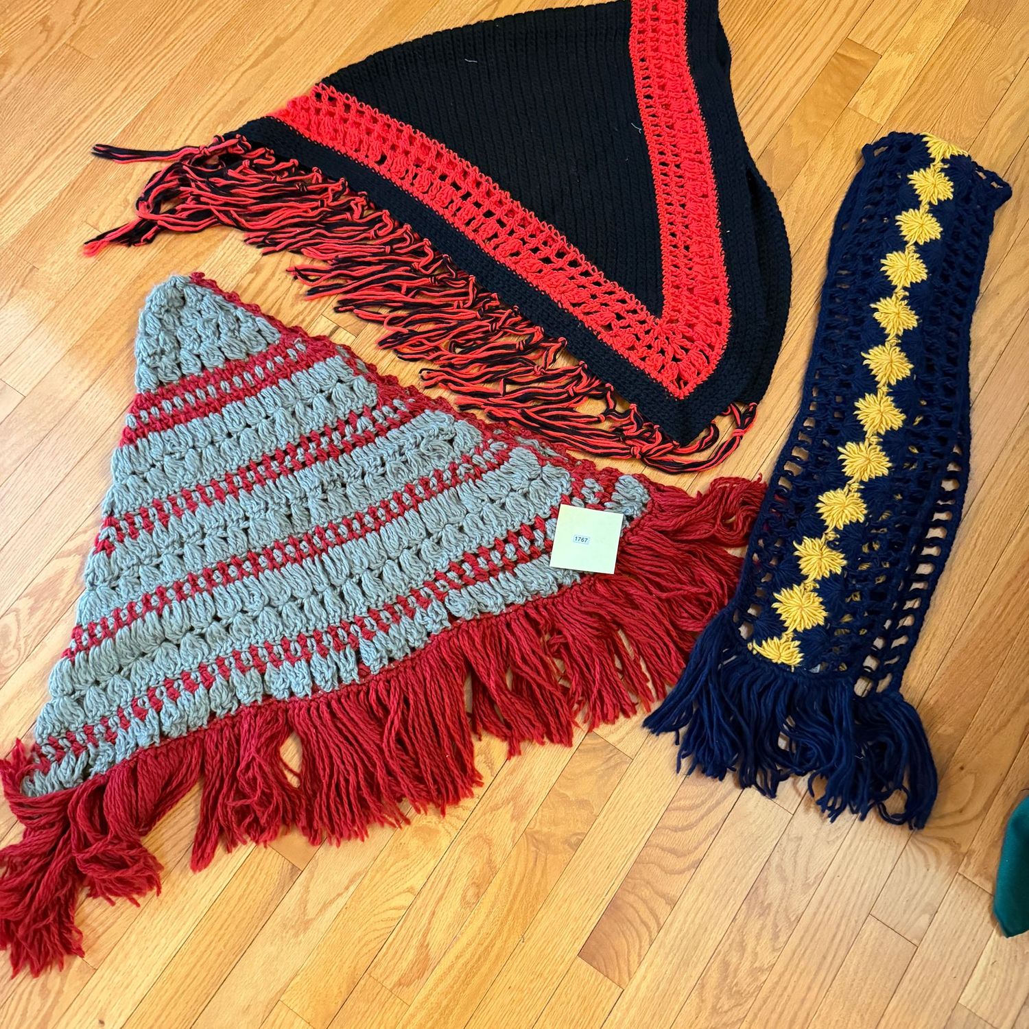 Group of hand-crocheted vintage shawls and scarf, size around adult medium, S1767 Group of hand-crocheted vintage shawls and scarf, size around adult medium, S1767