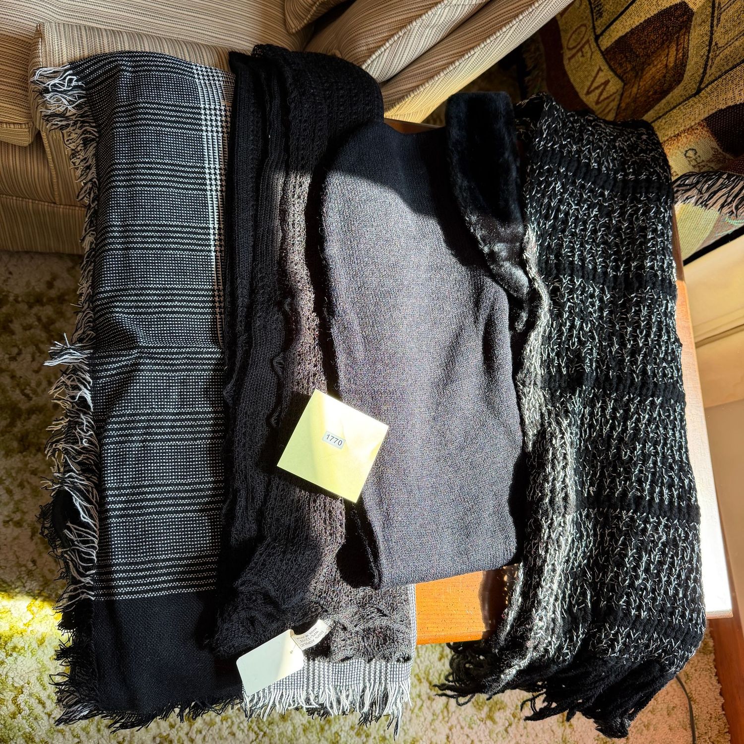 Group of knit scarves, one plaid shawl-size, black and grey, S1770 Group of knit scarves, one plaid shawl-size, black and grey, S1770