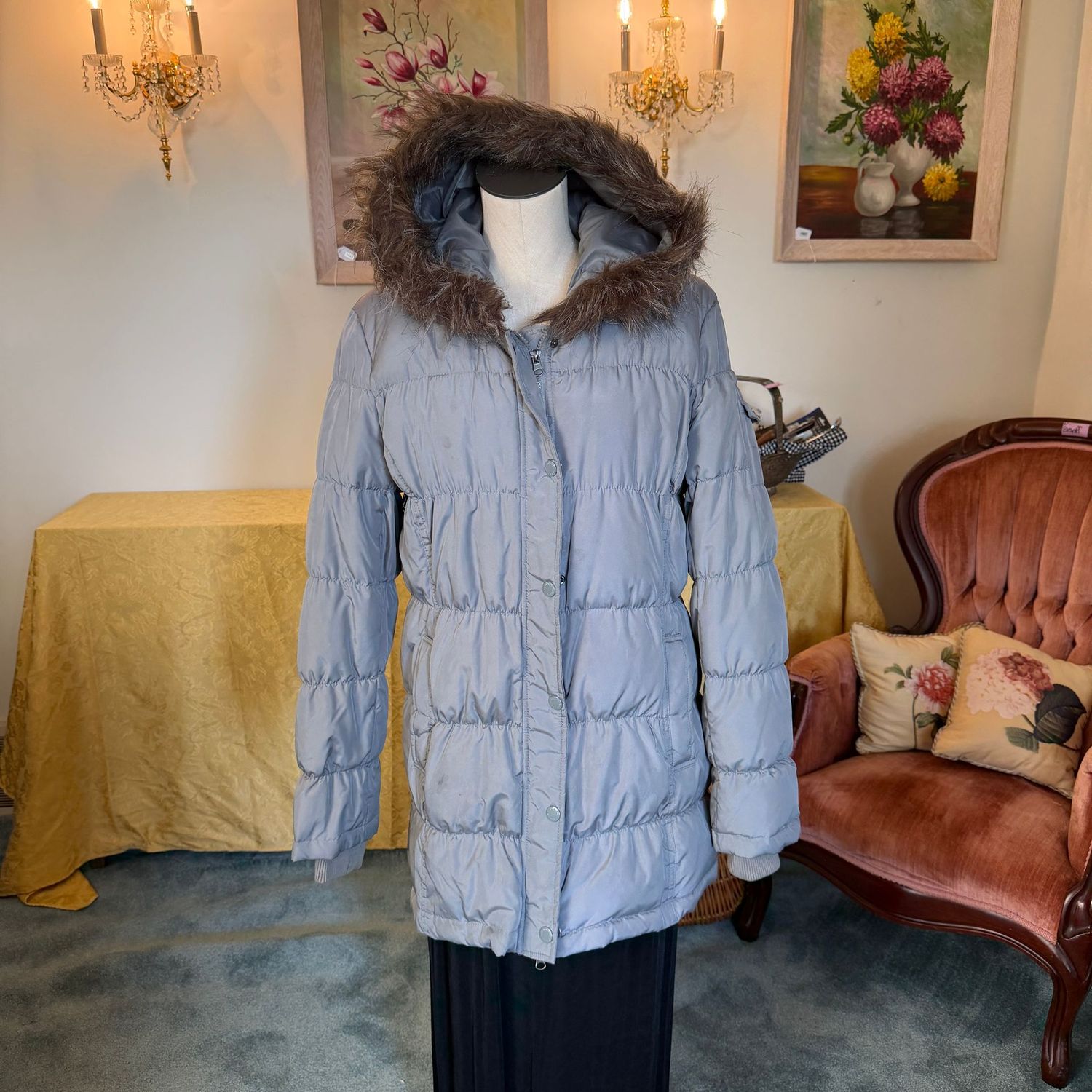 Grey Ruff Hewn quilted insulated coat, some down, faux fur hood, needs minor spot cleaning, zips from top and hem, size XL, S1793 Grey Ruff Hewn quilted insulated coat, some down, faux fur hood, needs minor spot cleaning, zips from top and hem, size XL, S1793