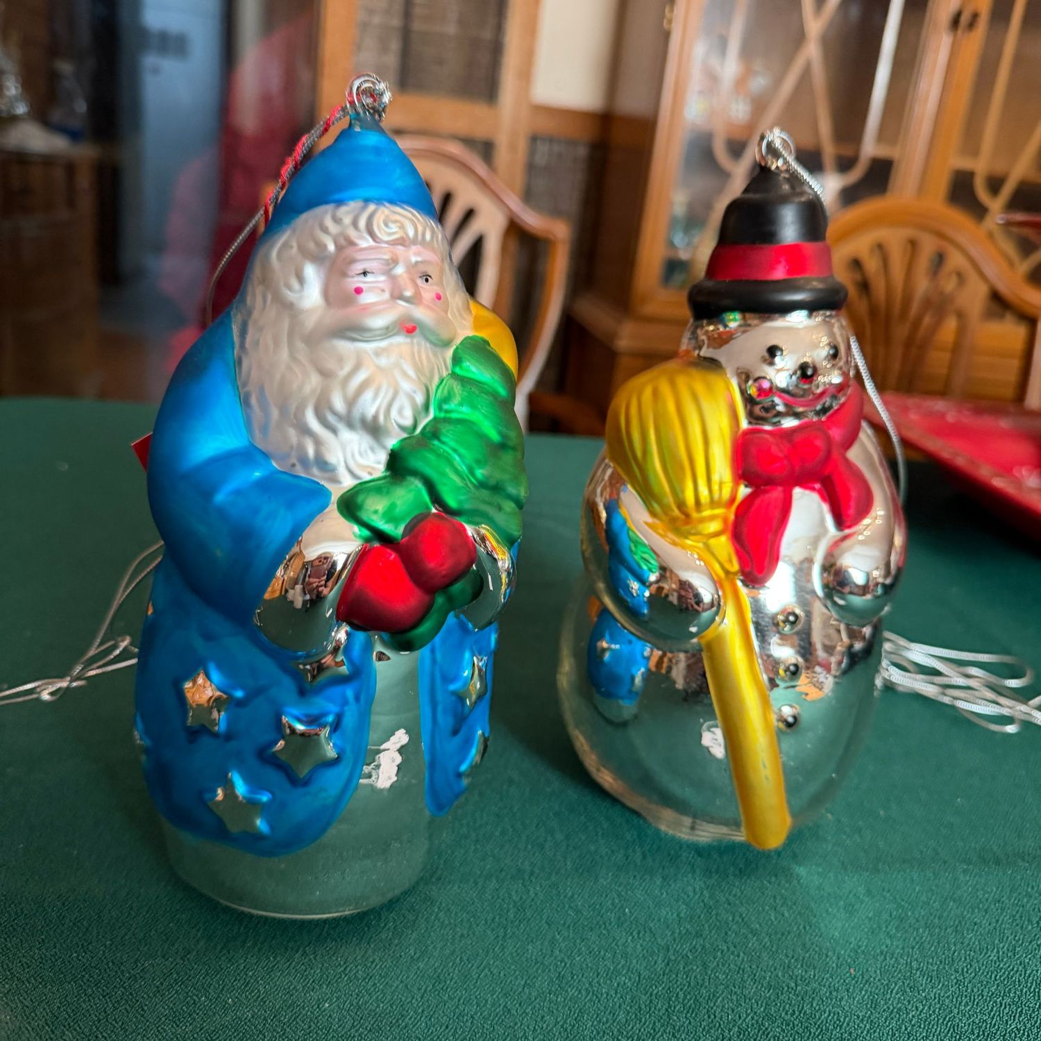 Two 9 Two 9" Department 56 blown glass ornaments, Santa & Snowman, S1843