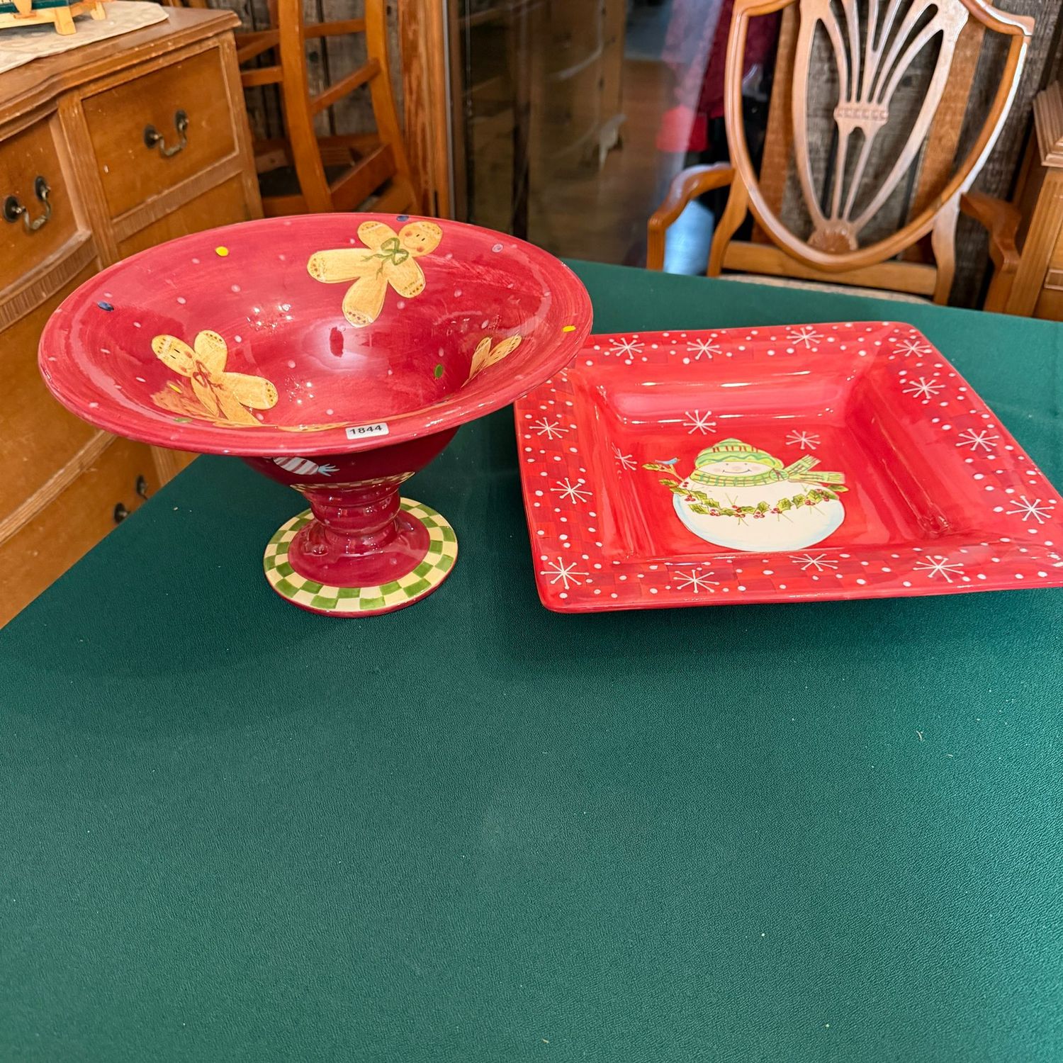 Two large rustic red ceramic centerpieces, Gingerbread pedestal bowl, 14 Two large rustic red ceramic centerpieces, Gingerbread pedestal bowl, 14" snowman platter, S1844