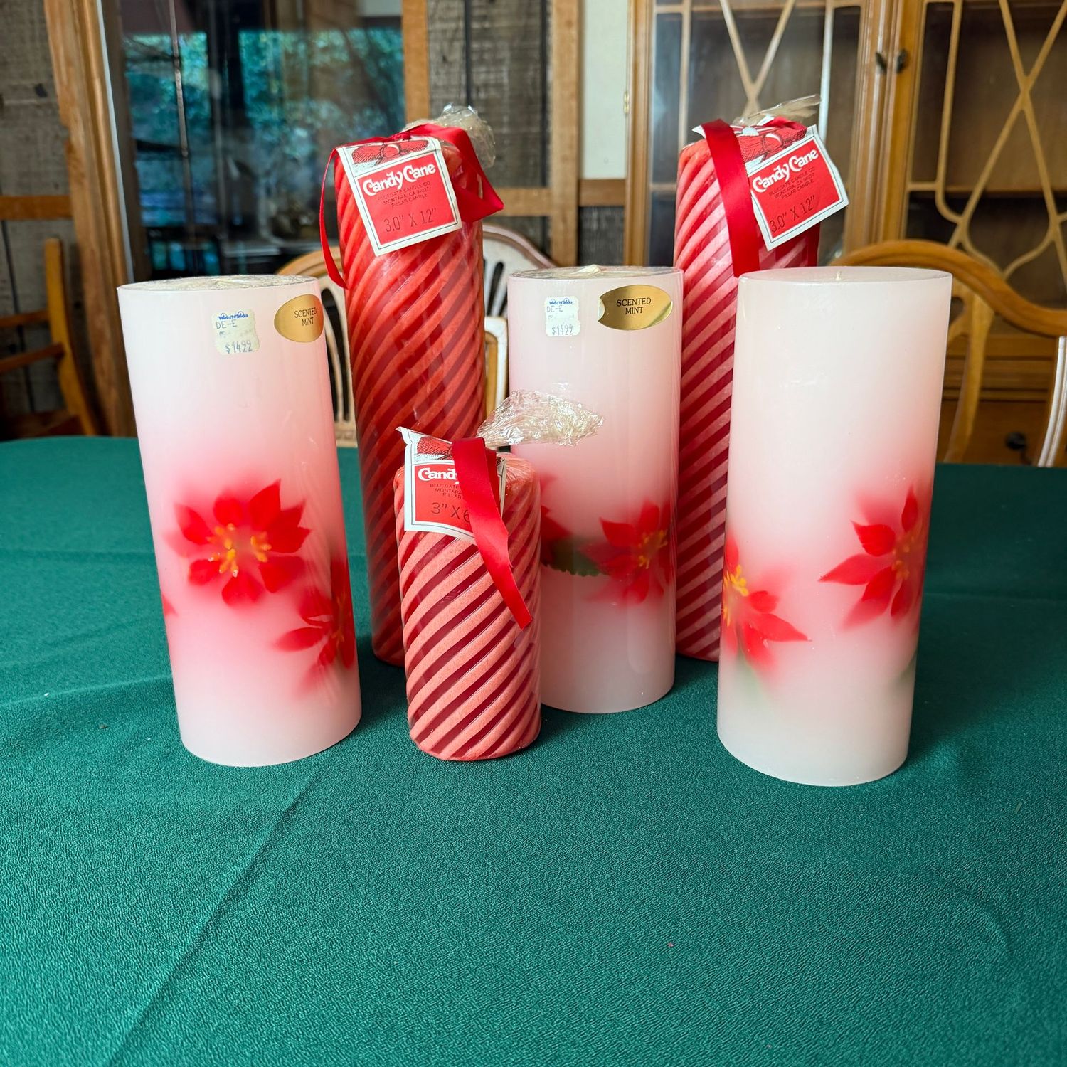 Group of pretty Christmas pillar candles, twist and poinsettia designs, S1856 Group of pretty Christmas pillar candles, twist and poinsettia designs, S1856
