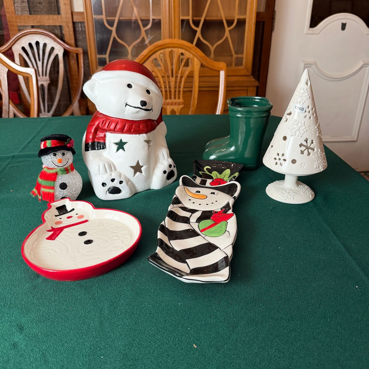 Group of mostly ceramic Christmas decorations and trays, Snowmen, boots planter, tree luminary, S1860 Group of mostly ceramic Christmas decorations and trays, Snowmen, boots planter, tree luminary, S1860