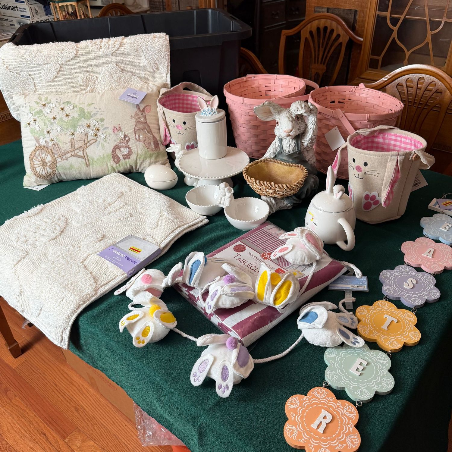Hop into Easter with this great tote filled with a bath rug, bunny tail garland, floral easter hanging sign, ceramic candy holders, pink & rabbit baskets, large resin planter, & more, S1867 Hop into Easter with this great tote filled with a bath rug, bunny tail garland, floral easter hanging sign, ceramic candy holders, pink & rabbit baskets, large resin planter, & more, S1867