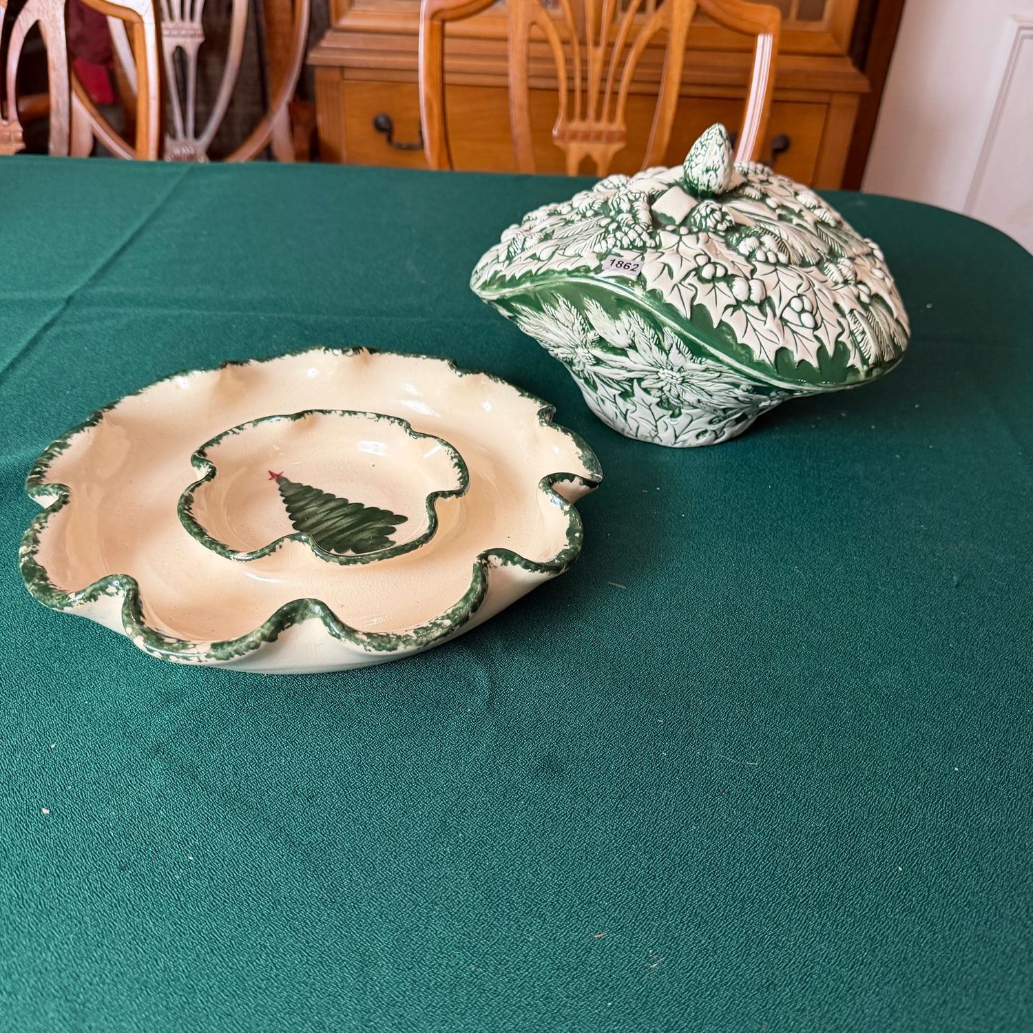 Vintage holly and poinsettia large ceramic covered dish, with an East Texas Pottery dip and cracker/vegetable 11 Vintage holly and poinsettia large ceramic covered dish, with an East Texas Pottery dip and cracker/vegetable 11" tray, S1862