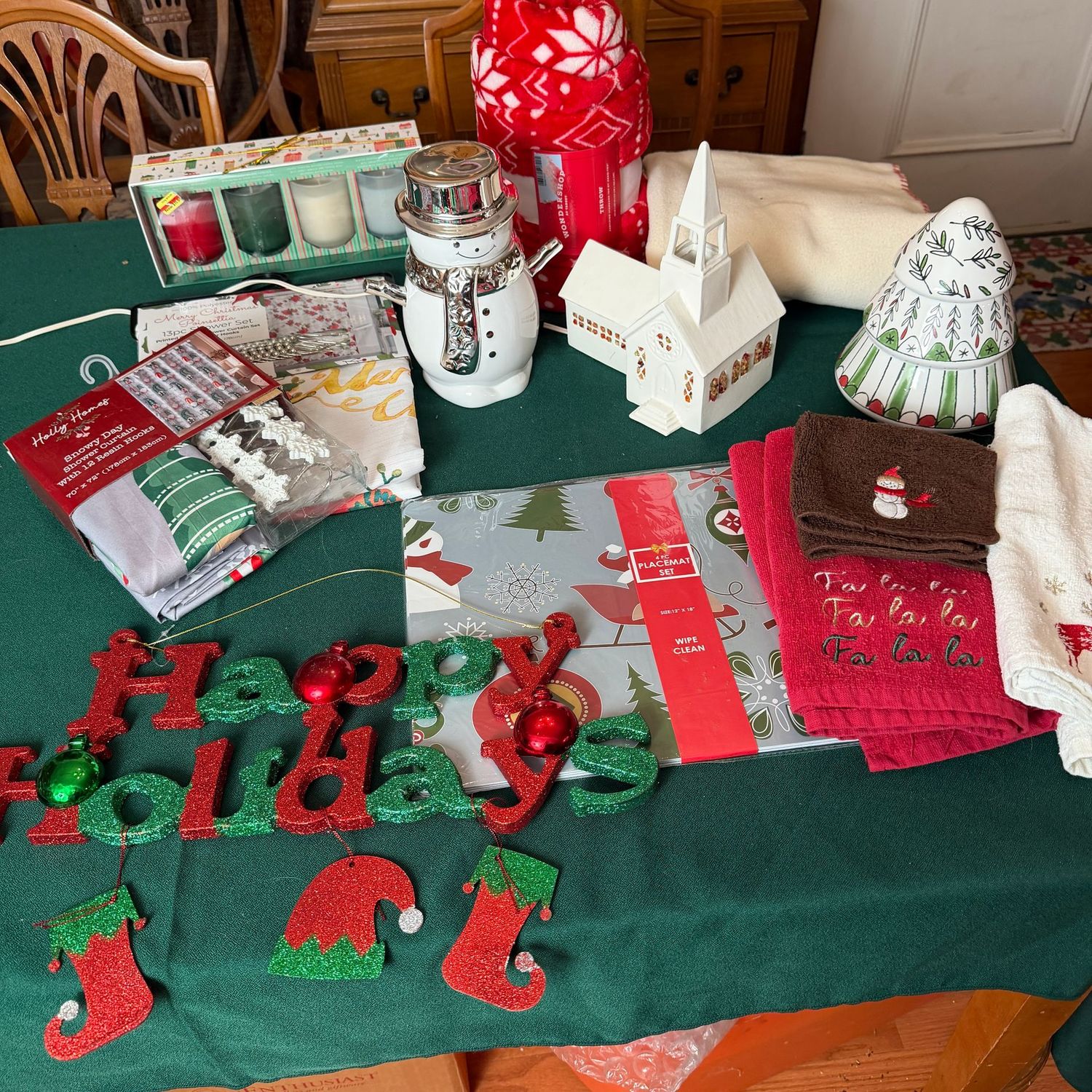 Happy Holidays tote filled with great decor, placemats, two shower curtain sets, candles, church, tree cookie/candy jar, throw blankets & more, S1865 Happy Holidays tote filled with great decor, placemats, two shower curtain sets, candles, church, tree cookie/candy jar, throw blankets & more, S1865