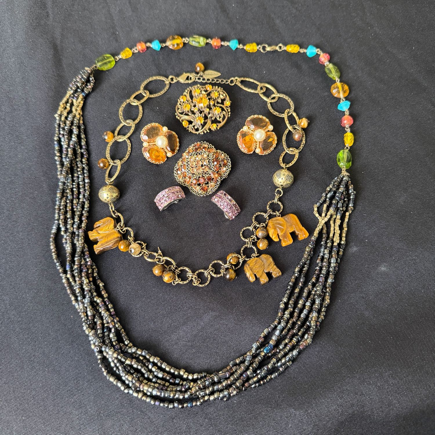 Jewelry Lot R0303 multi-color beaded necklace, Earrings, and brooches