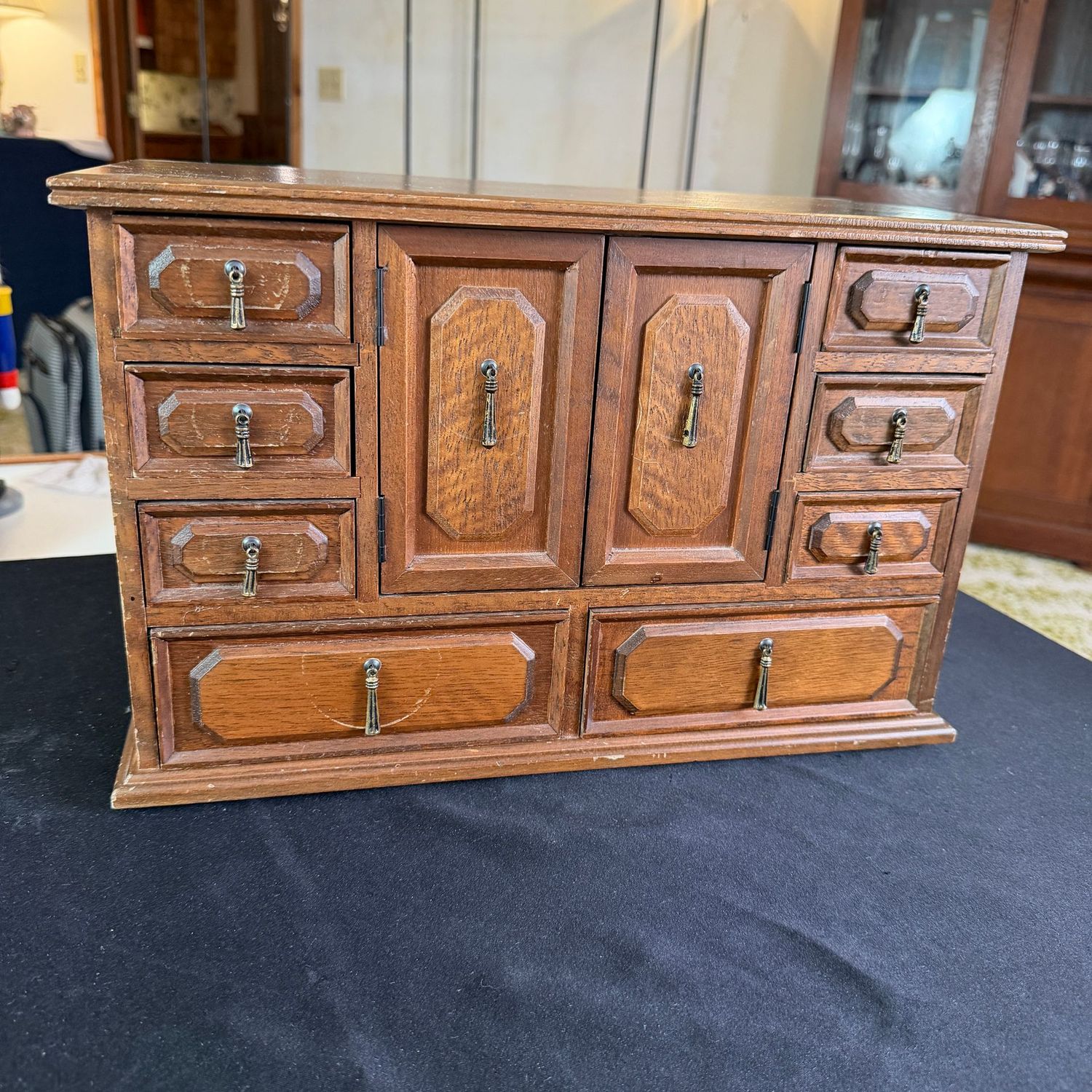 Large vintage dresser-top Kellerman jewel case, jewelry box, some wear, liner has some mild spots, 10"H x 16"L x 8"D, B0080