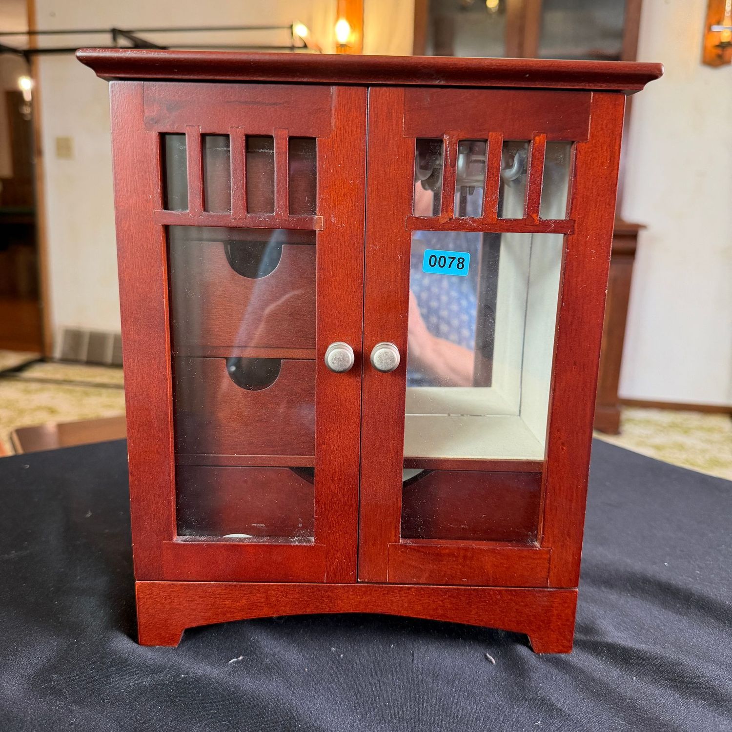 Two-door jewelry chest with necklace hanger and drawer storage, some wear, 10"H x 9"W x 4"D, some wear, B0078