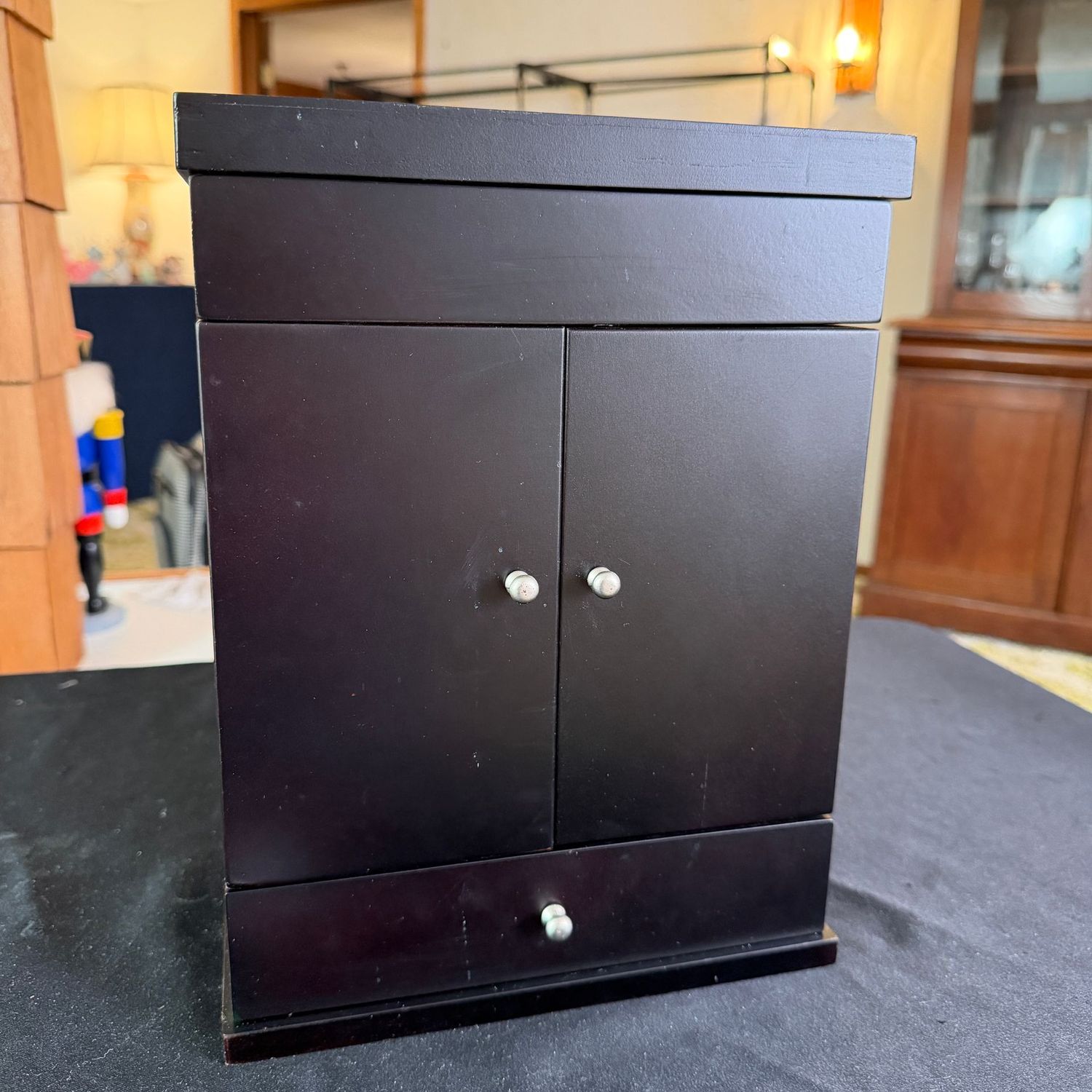 Black wooden jewelry chest/armoire, mild wear, 12"H x 5"D x 9"W, B0083