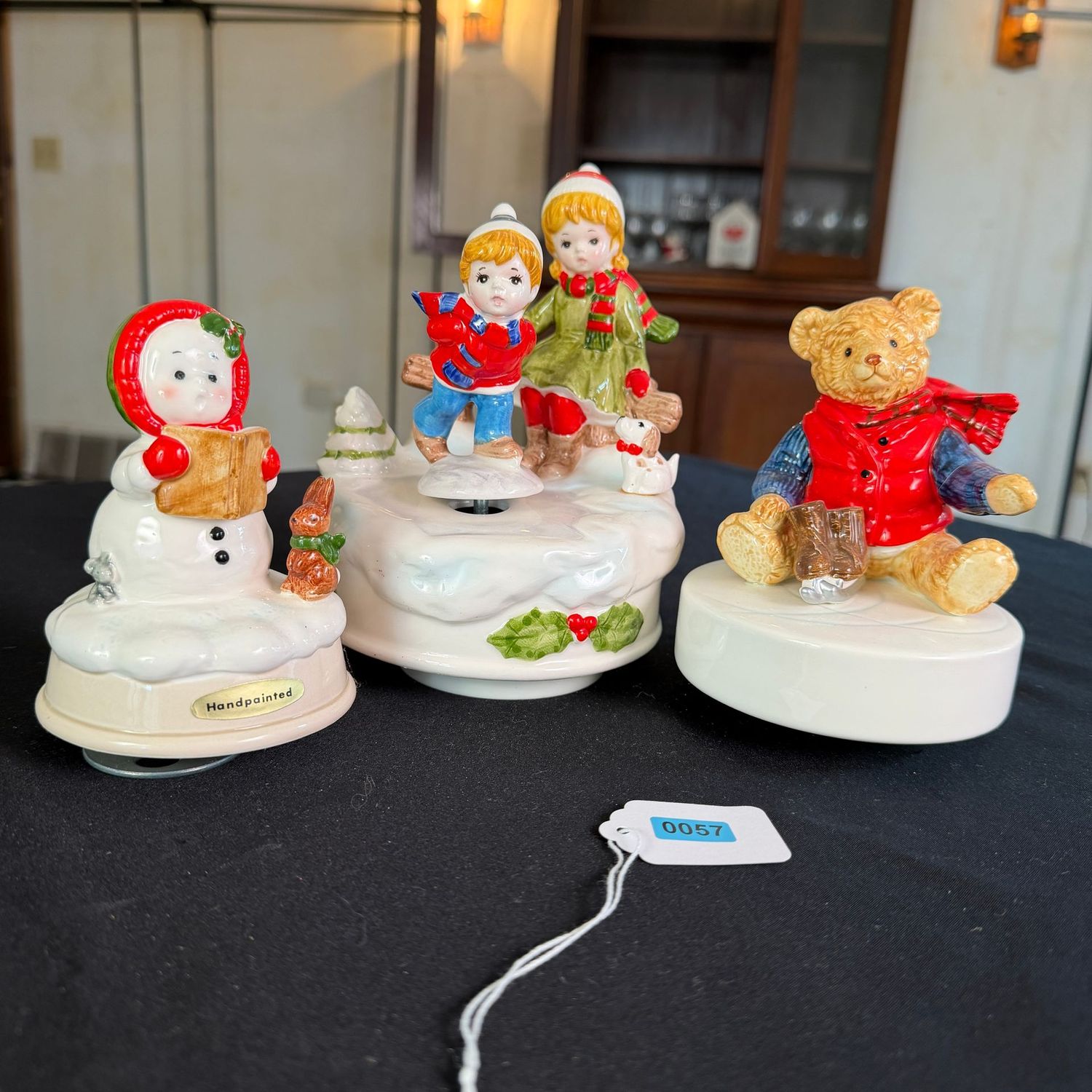 Trio of vintage ceramic Christmas musical figurines, Ebeling & Reuss, Gibson Greeting Cards, Hummelwerk Bialosky Bear, the tallest is 7 Trio of vintage ceramic Christmas musical figurines, Ebeling & Reuss, Gibson Greeting Cards, Hummelwerk Bialosky Bear, the tallest is 7", B0057