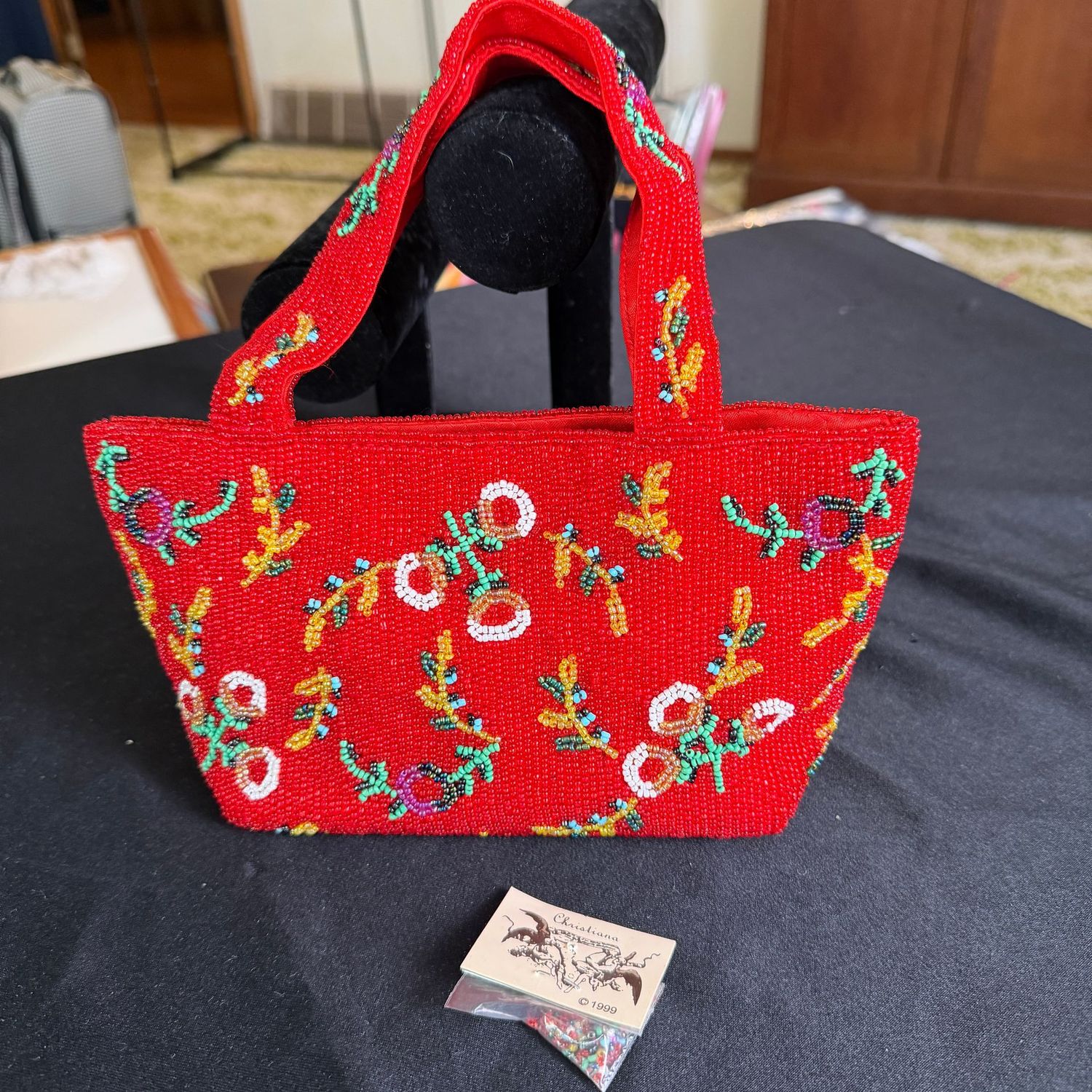 Christiana red floral beaded purse, 8 Christiana red floral beaded purse, 8"W, B0093