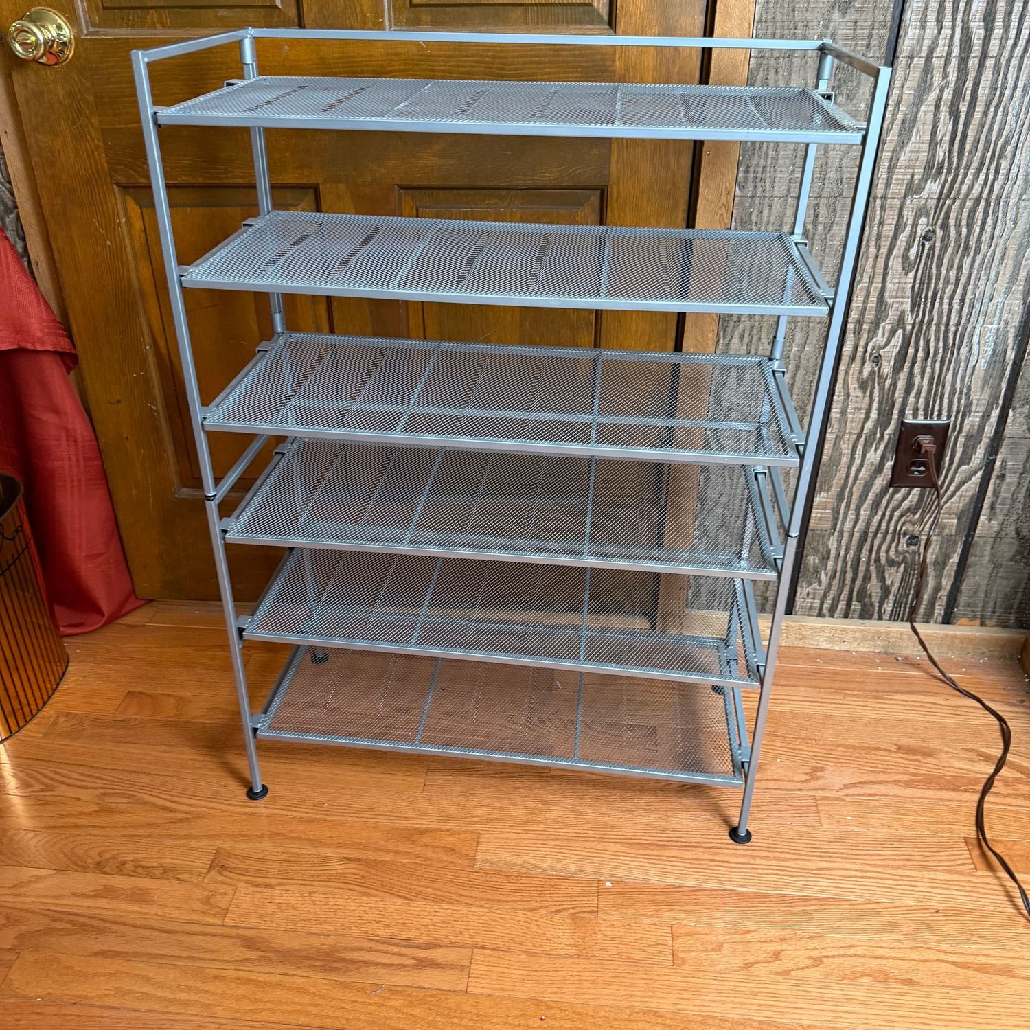 Grey metal shoe organizer with mesh shelves, very sturdy, 36 Grey metal shoe organizer with mesh shelves, very sturdy, 36"H x 27"W x 12.5"D, B0102