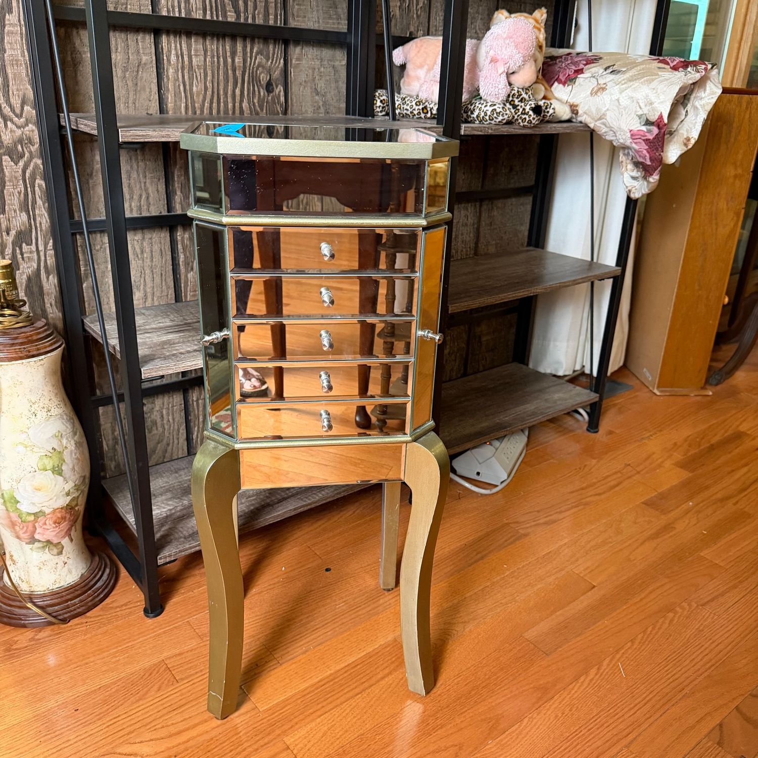 Mirrored jewelry armoire, necklace hangers, lift-top, 30 Mirrored jewelry armoire, necklace hangers, lift-top, 30"H x 9.5"D x 12"W, B0107