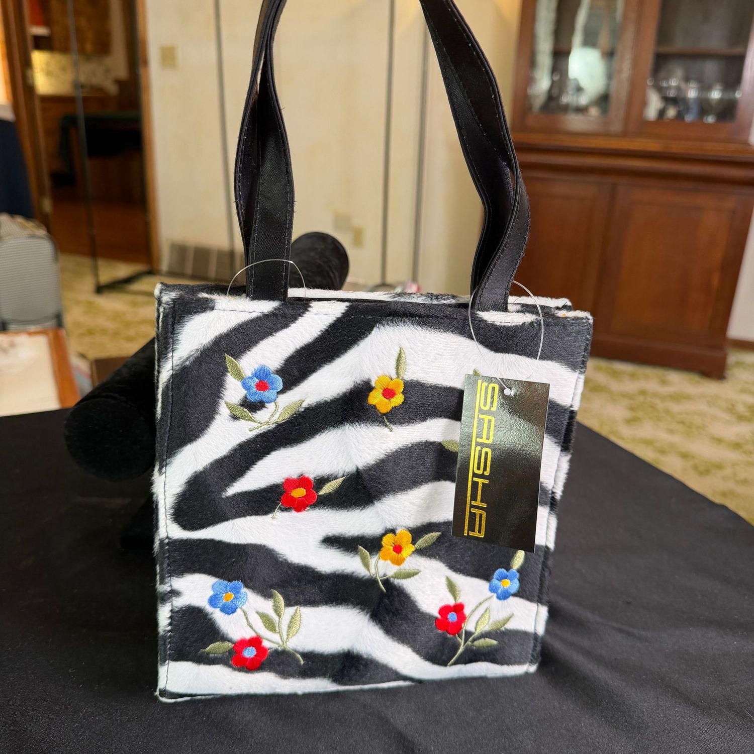 Soft zebra print Sasha mini purse with floral embroidery, 8 Soft zebra print Sasha mini purse with floral embroidery, 8"H, B0092
