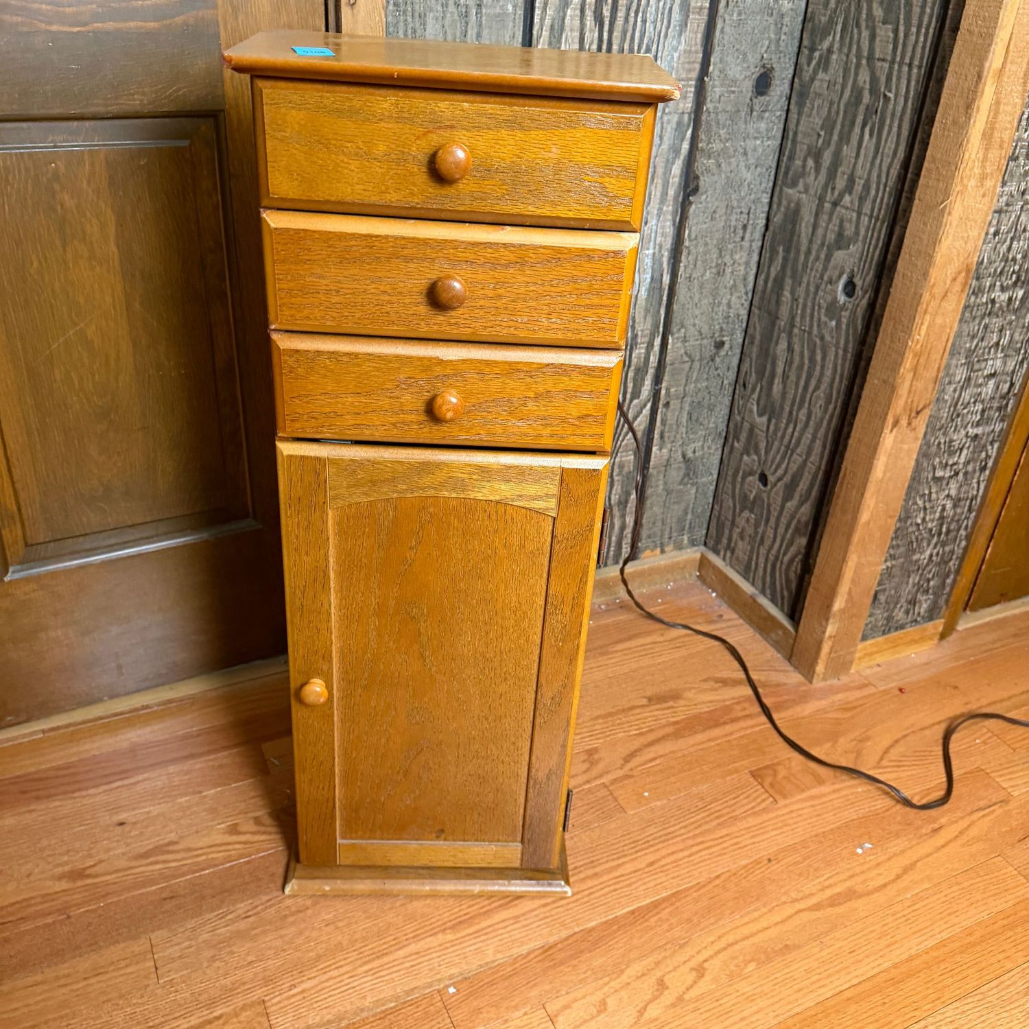 Wooden jewelry armoire with plenty of drawers, a few minor wear marks, slender profile, 33 Wooden jewelry armoire with plenty of drawers, a few minor wear marks, slender profile, 33"H x 12"W x 6"D, B0106