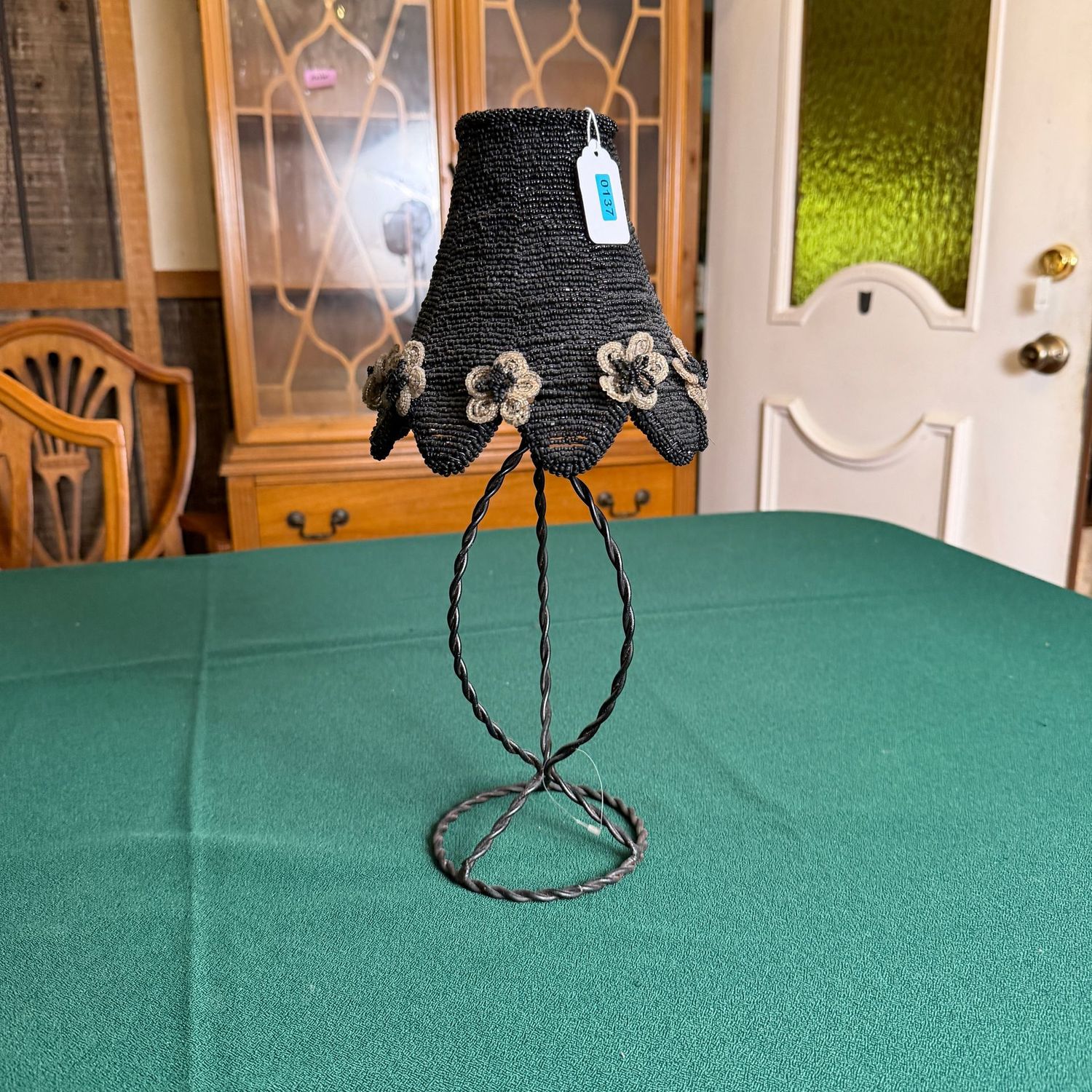 Twisted wire votive holder lamp with heavily beaded black and white floral shade, B0137B0137 Twisted wire votive holder lamp with heavily beaded black and white floral shade, B0137B0137