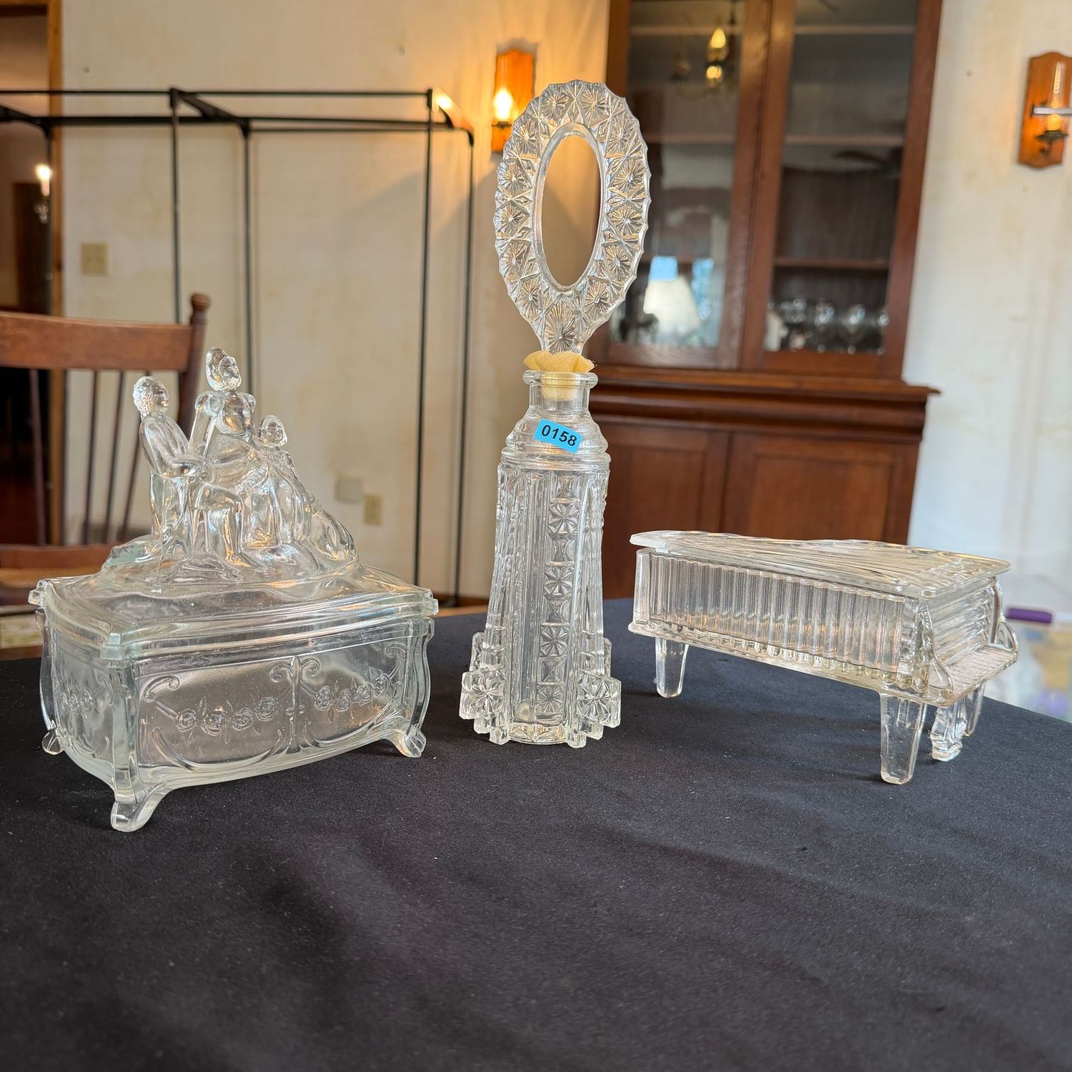 Martinsville Martha Washington Figural Powder Jar, pressed glass piano jewelry box, tall perfume bottle 11 Martinsville Martha Washington Figural Powder Jar, pressed glass piano jewelry box, tall perfume bottle 11"H some edges of these pieces have very minor burs