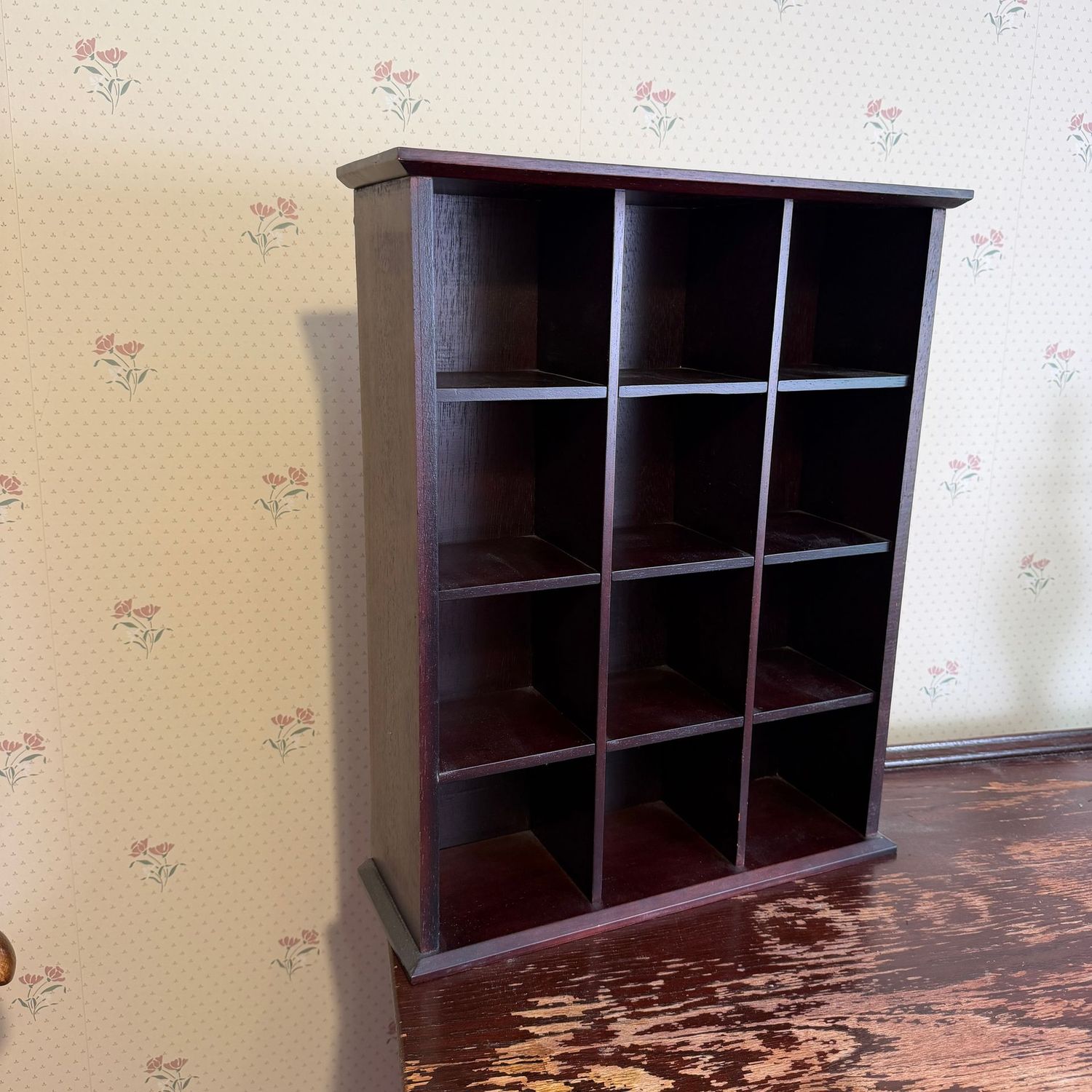 Dark cherry cubical curio shelf, 23 Dark cherry cubical curio shelf, 23"H x 18"W x 6"D