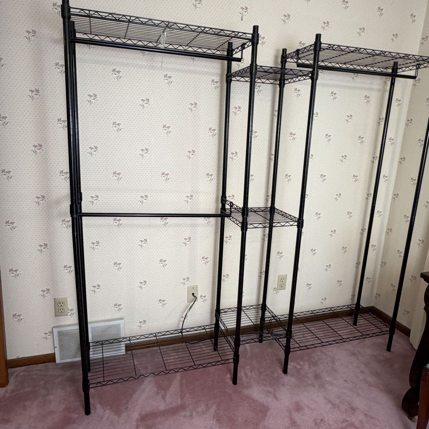Large black tubular metal free-standing clothes rack, organizer, will require disassembly, 6ft. H x 13 in. D x 6 ft, 2 in. L, very good condition (This item is upstairs)
