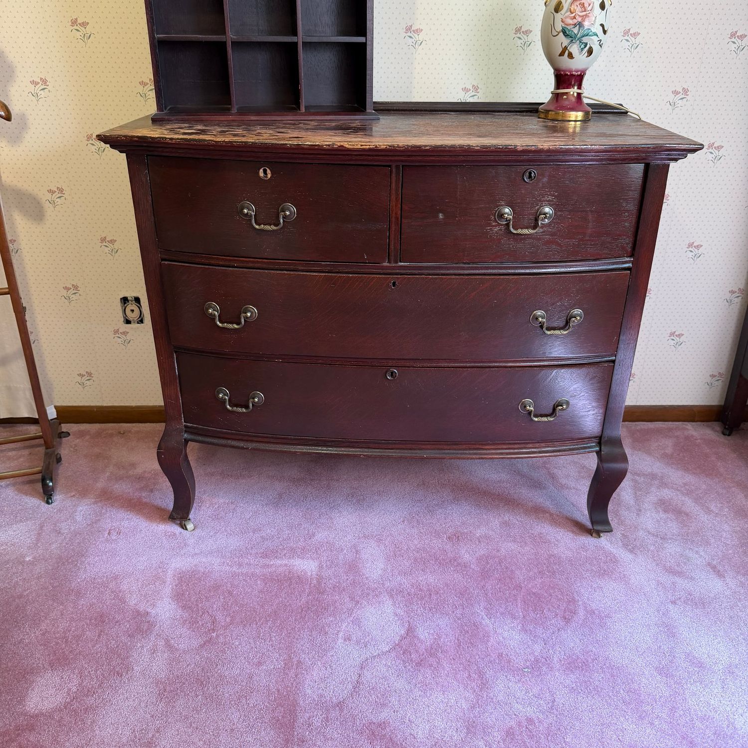 Antique 4-drawer dresser, chest with cabriole legs and casters, drawers open easily, top needs to be refinished or covered with a scarf, (This item is upstairs) 35 Antique 4-drawer dresser, chest with cabriole legs and casters, drawers open easily, top needs to be refinished or covered with a scarf, (This item is upstairs) 35"H x approx. 40"W x 20"D