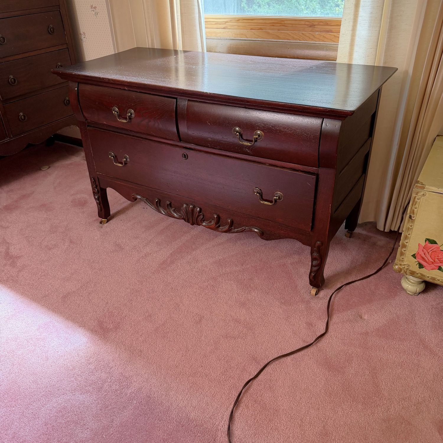 Antique 3-drawer chest, lowboy, on casters, drawers open easily, (This item is upstairs) 26"H x 46"L x 19"D