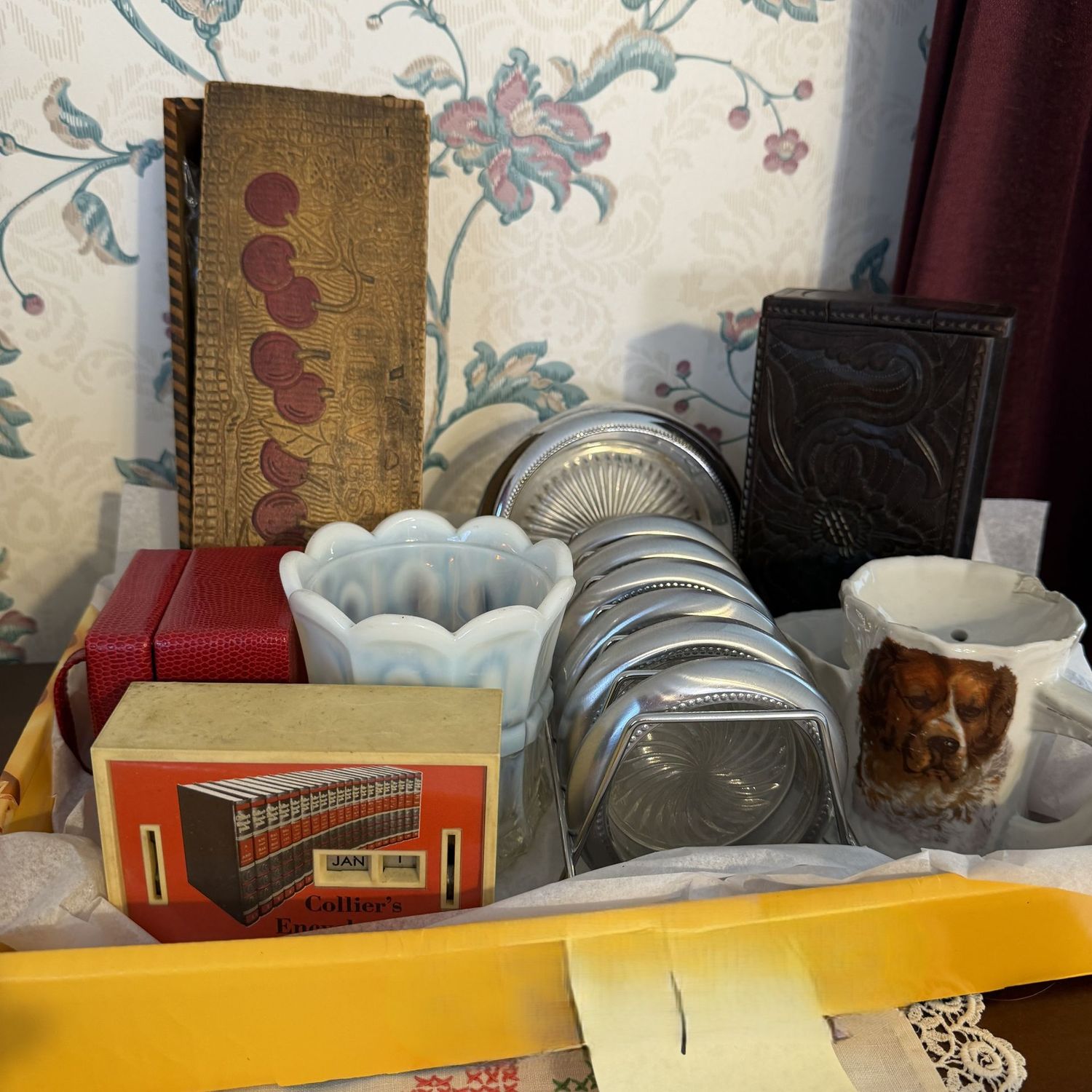 Decorative Lot #10 vintage glove box, shaving mug (a little chipped), coasters, opalescent paneled cup & more Decorative Lot #10 vintage glove box, shaving mug (a little chipped), coasters, opalescent paneled cup & more