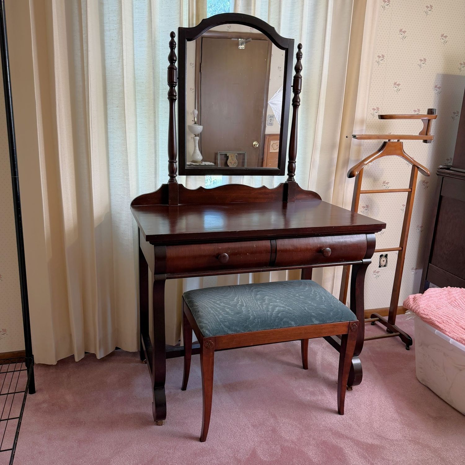 Mahogany Empire 2-drawer dressing table, vanity, with cheval mirror, overall in very nice condition with minimal wear, (This item is upstairs) approx. 60 Mahogany Empire 2-drawer dressing table, vanity, with cheval mirror, overall in very nice condition with minimal wear, (This item is upstairs) approx. 60"H x 20"D x 36"L x