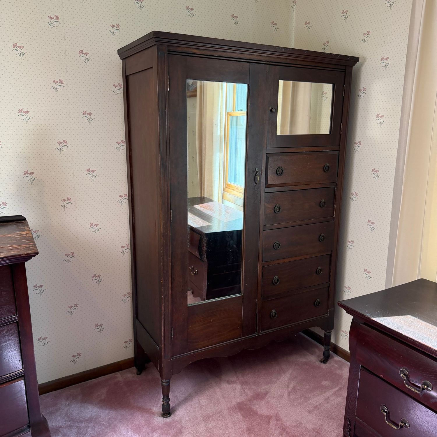 Antique mirrored chifforobe, wardrobe, drawers and cupboards open easily, minimal marks, (This item is upstairs) 63 Antique mirrored chifforobe, wardrobe, drawers and cupboards open easily, minimal marks, (This item is upstairs) 63"H x 40"W x 16"D