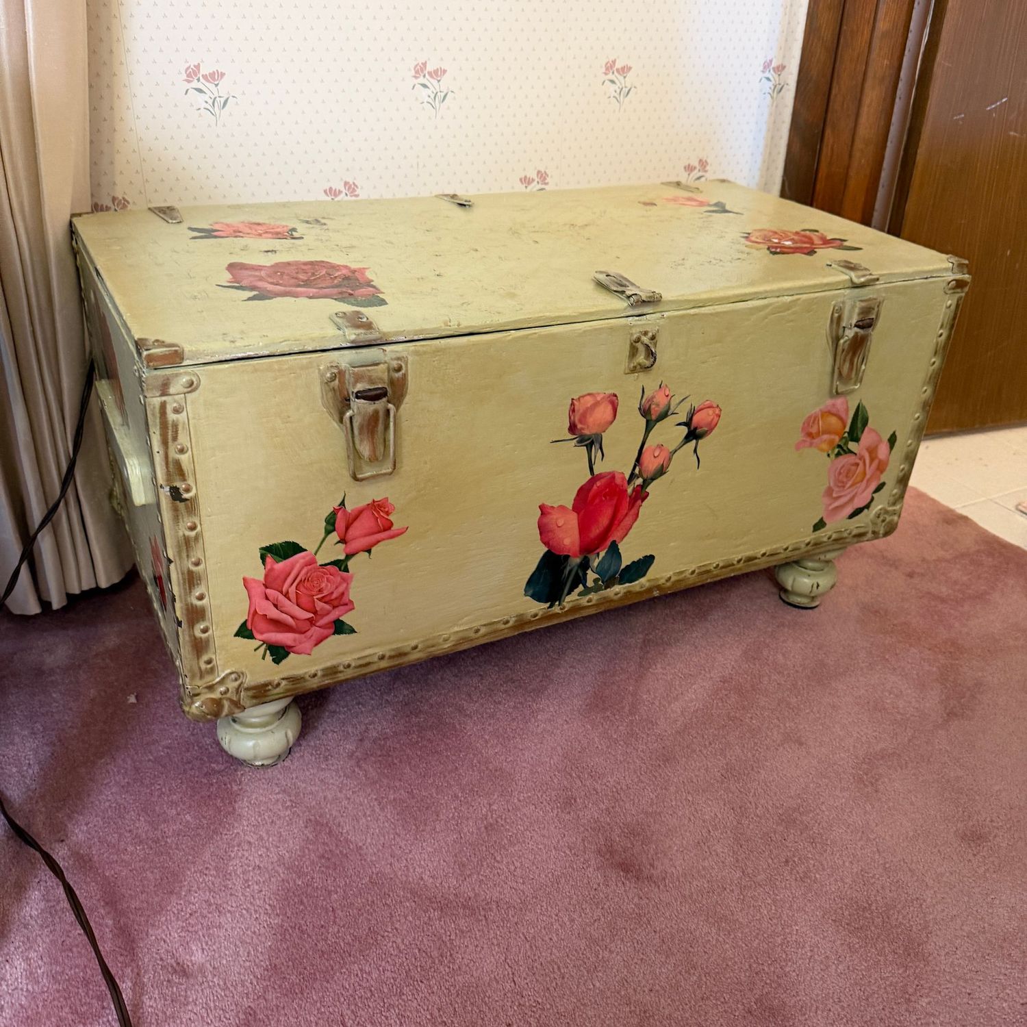 Pale green footlocker trunk with ball feet attached, and rose decoupage, lightweight, (This item is upstairs) 15"H x 30"L x 15"D