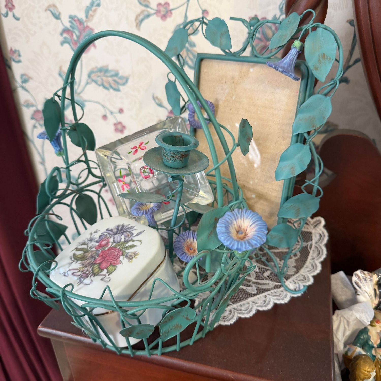Decorative Lot #1, green floral wire basket, candlestick, 4x6 frame, trinket boxes Decorative Lot #1, green floral wire basket, candlestick, 4x6 frame, trinket boxes