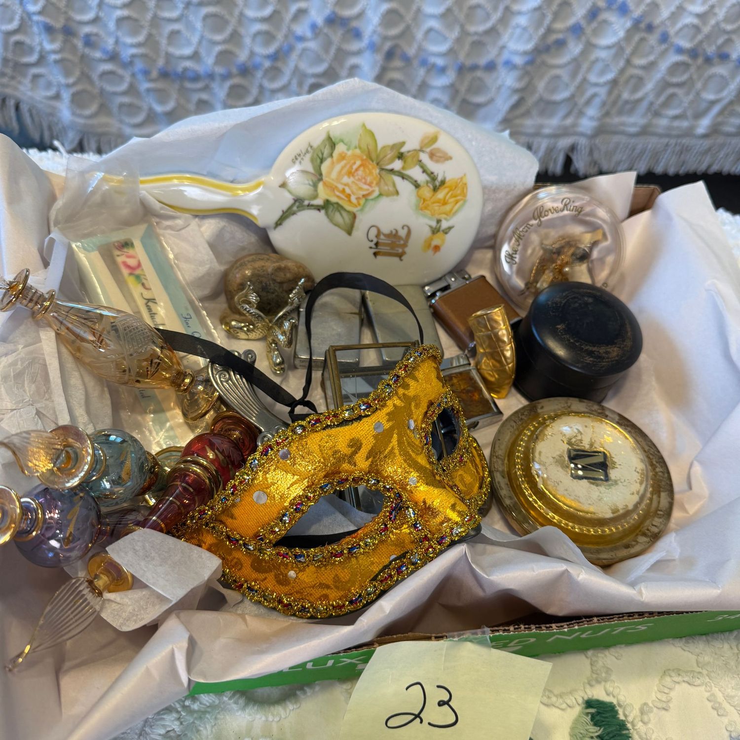 Decorative Lot #23, Glass perfume bottles, hand-painted vanity mirror, vintage lighters, trinket boxes Decorative Lot #23, Glass perfume bottles, hand-painted vanity mirror, vintage lighters, trinket boxes