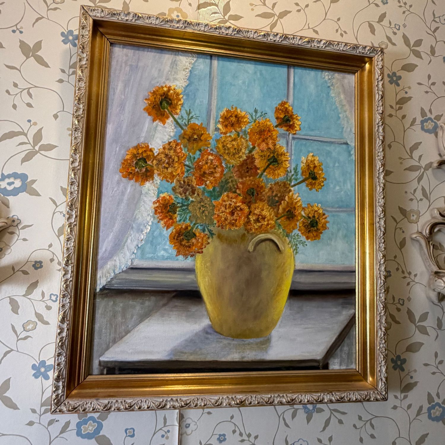 Vintage floral still life painting on canvas with ornate gold frame, 27 Vintage floral still life painting on canvas with ornate gold frame, 27" x 23"