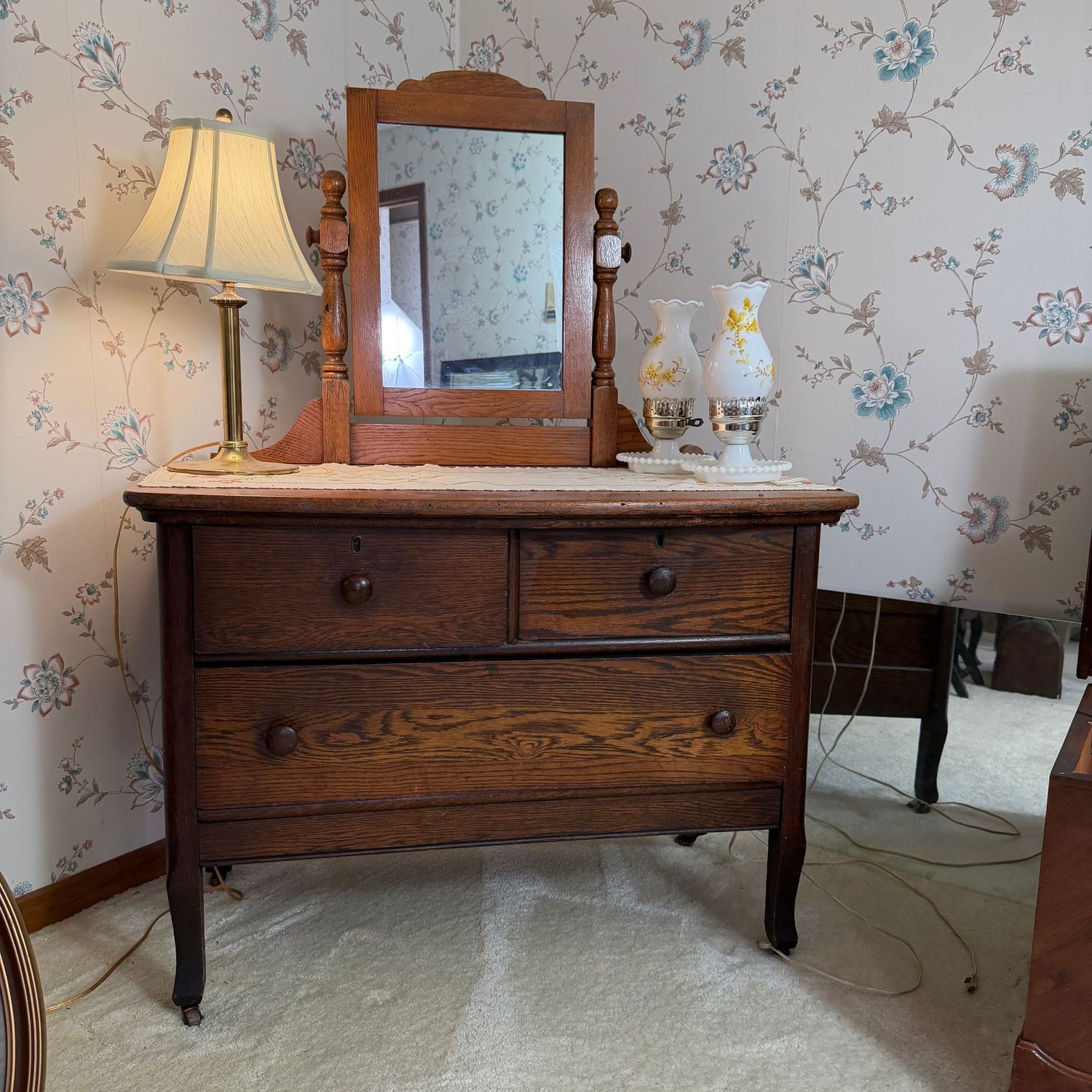 American tiger oak low wash stand, chest with cheval mirror, minor wear, on casters, 48"H x 36"L x 19"D (This item is upstairs)
