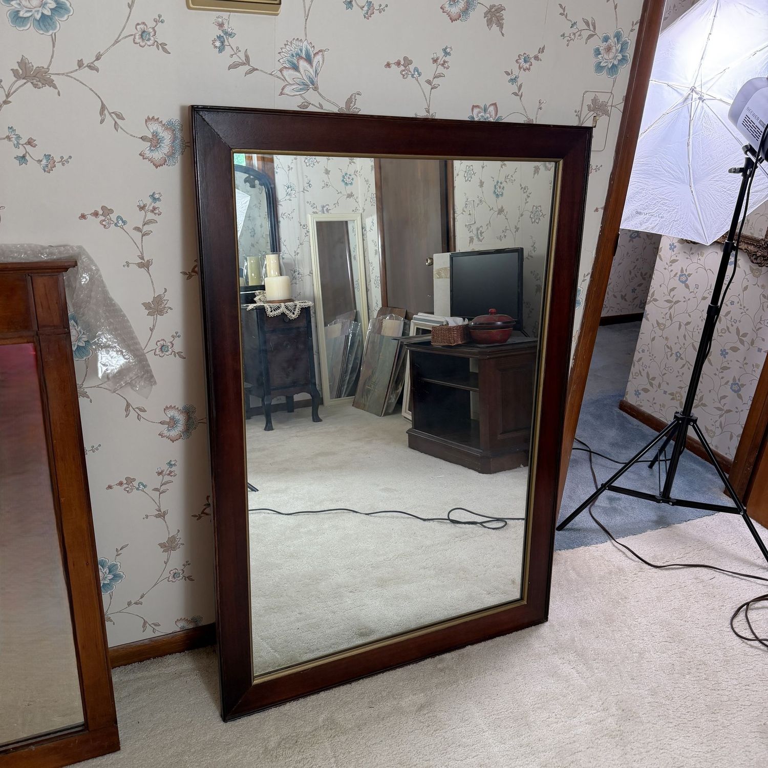 Large rectangular mirror with gold inner border of the solid wood frame, 48 Large rectangular mirror with gold inner border of the solid wood frame, 48" x 33" (This item is heavy and upstairs)