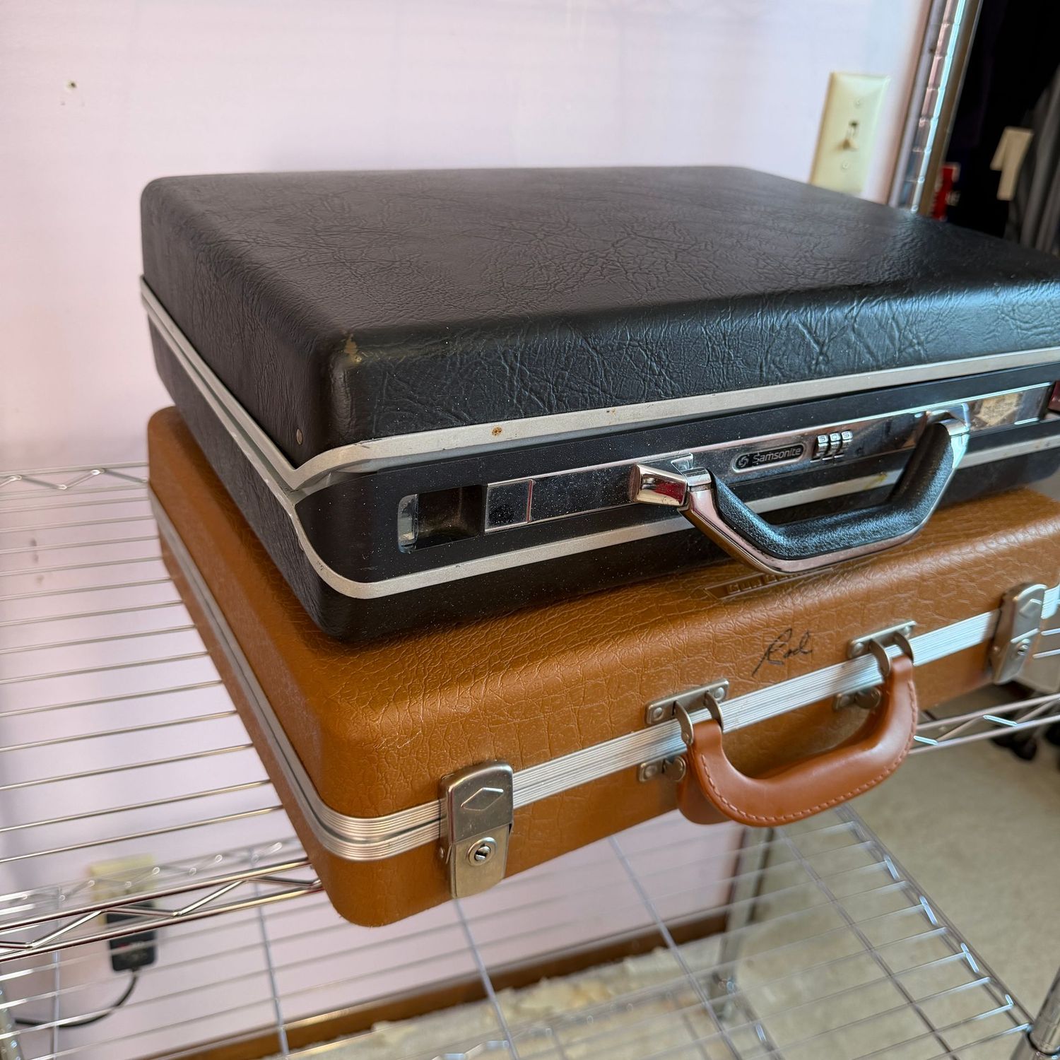 Two vintage cases, one Samsonite briefcase, and one with padded interior Two vintage cases, one Samsonite briefcase, and one with padded interior