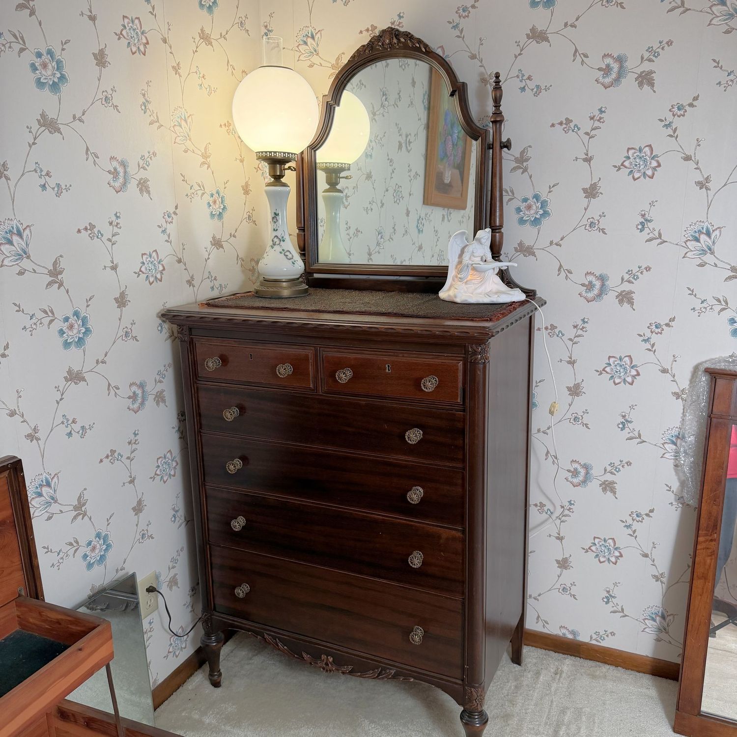 Tall dresser, chest of drawers, with cheval mirror, drawers open smoothly, very nice finish and condition, approx. 68 Tall dresser, chest of drawers, with cheval mirror, drawers open smoothly, very nice finish and condition, approx. 68"H x 32"W x 21"D (This item is upstairs)